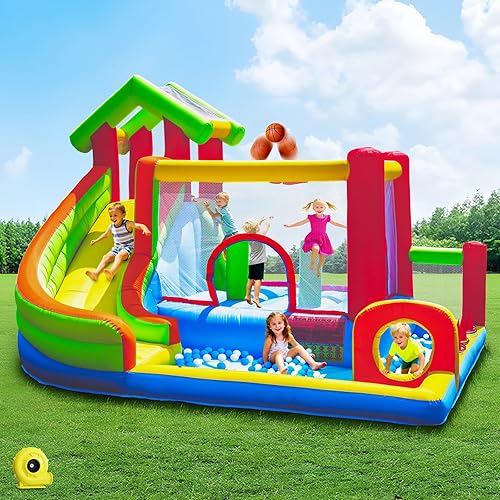 Mega Bounce House with Slide | 7-in-1 Inflatable Playground for Kids 3-10 | Giant Jump Area, Ball Pit, Basketball Hoop | Commercial-Grade Blower Included