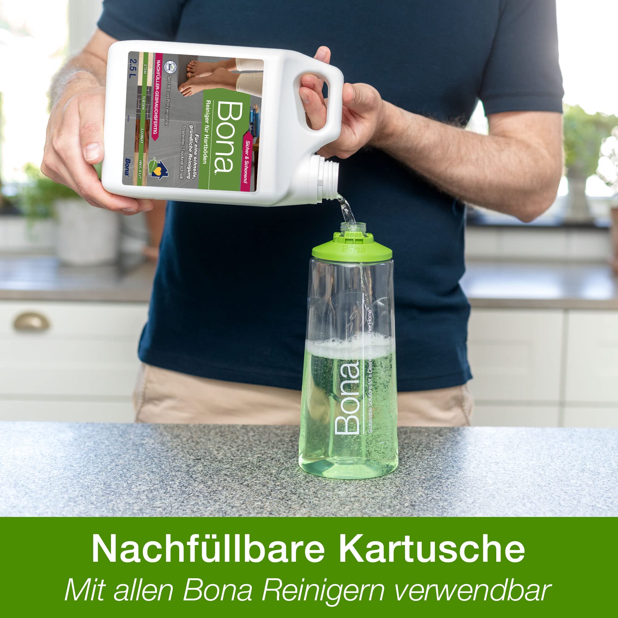 Bona Premium Spray Mop Set mit 850 ml Kartusche für Hartböden und extra Bona Mikrofaser-Pad & Stein-, Fliesen- und Laminatreiniger Nachfüllkanister 4 L, Bodenpflege für Hartböden