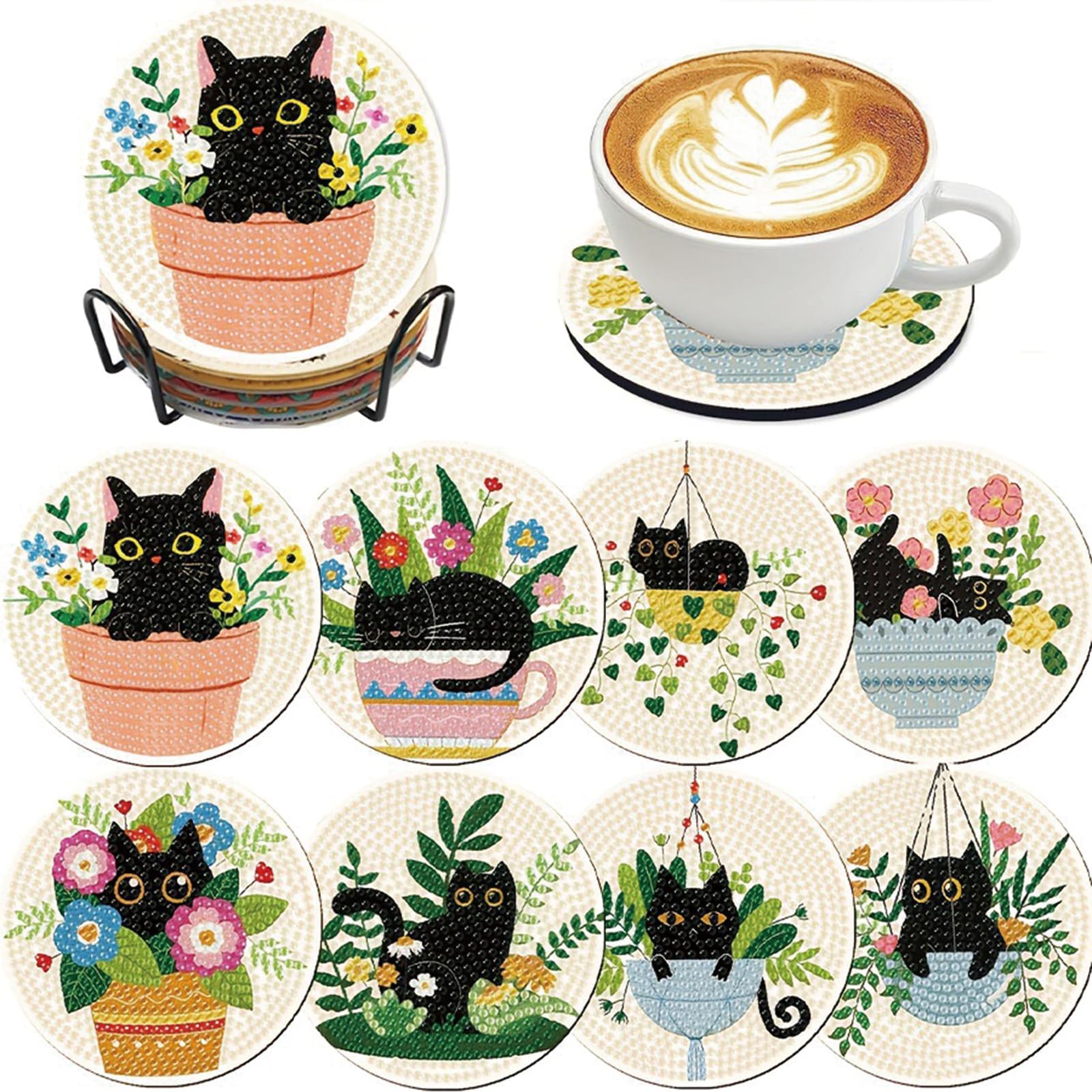Diamond Painting Coasters, DIY Craft Kit for Adults, Complete 8-Piece Set with Holder, Creative Hobby for Relaxation and Home Decor-picture-35