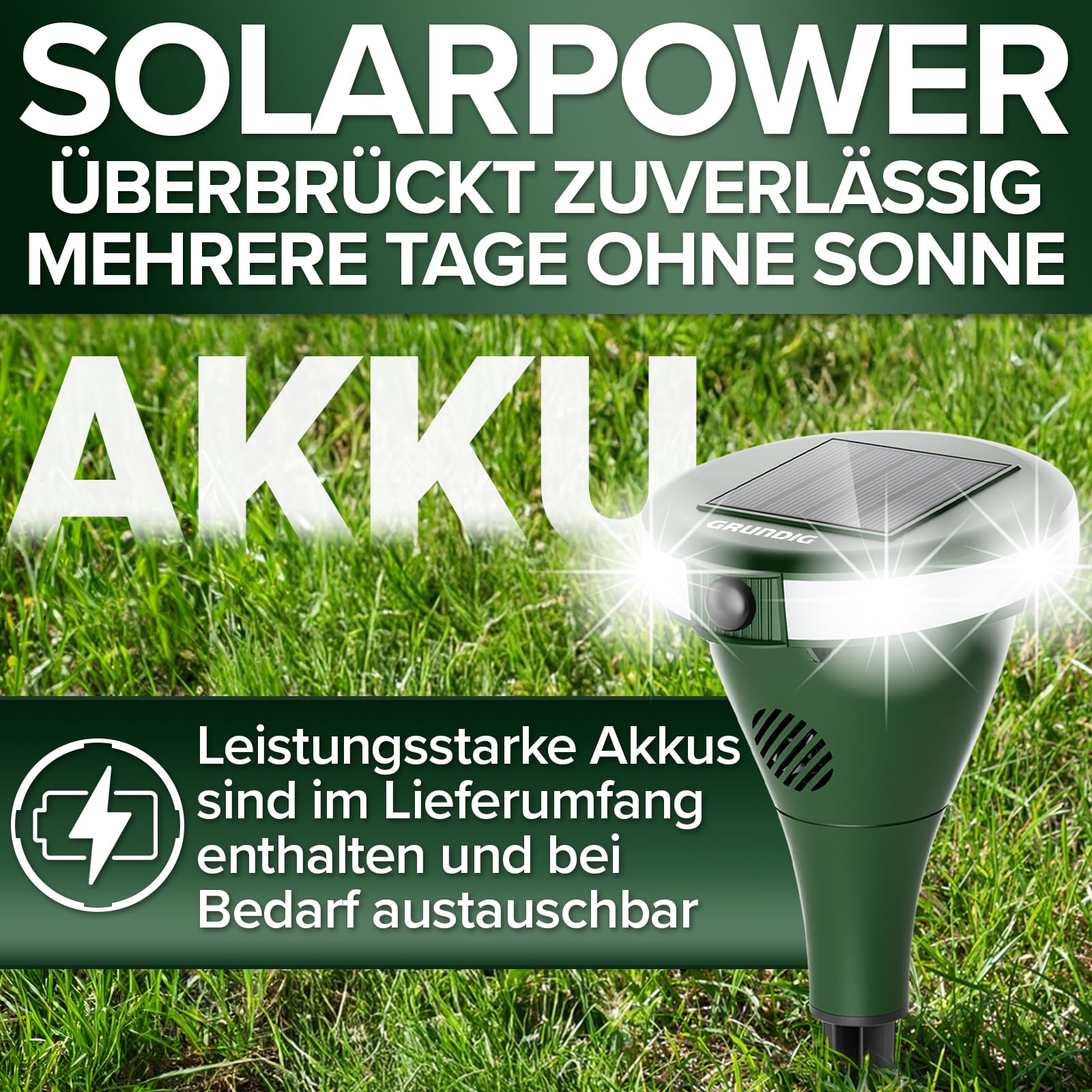 GRUNDIG perfekte Ultraschall Abwehr gegen Katzen und Hunde im Garten - 360 Grad Katzenschreck Hundeschreck Bewegungsmelder mit 8 Blitzlichtern, 2 Frequenzbändern, Solar, Akku, IP44 wasserdicht (Gerät)