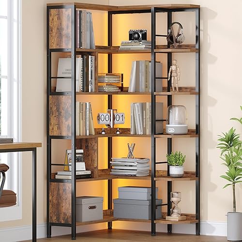 Corner Bookshelf with LED Lighting, 5-Tier Freestanding L-Shaped Corner Bookshelf, Industrial Bookcase with Serpentine Bookends, for Living Room, Bedroom, and Kitchen，Rustic Brown BC66301B