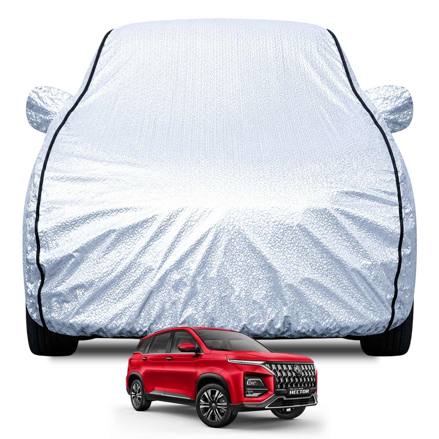FABTEC Waterproof Car Body Cover for Mg Hector with Mirror Pocket, Soft Cotton Lining, Triple Stitched (Heat Resistant Metallic Silver with Black Piping)