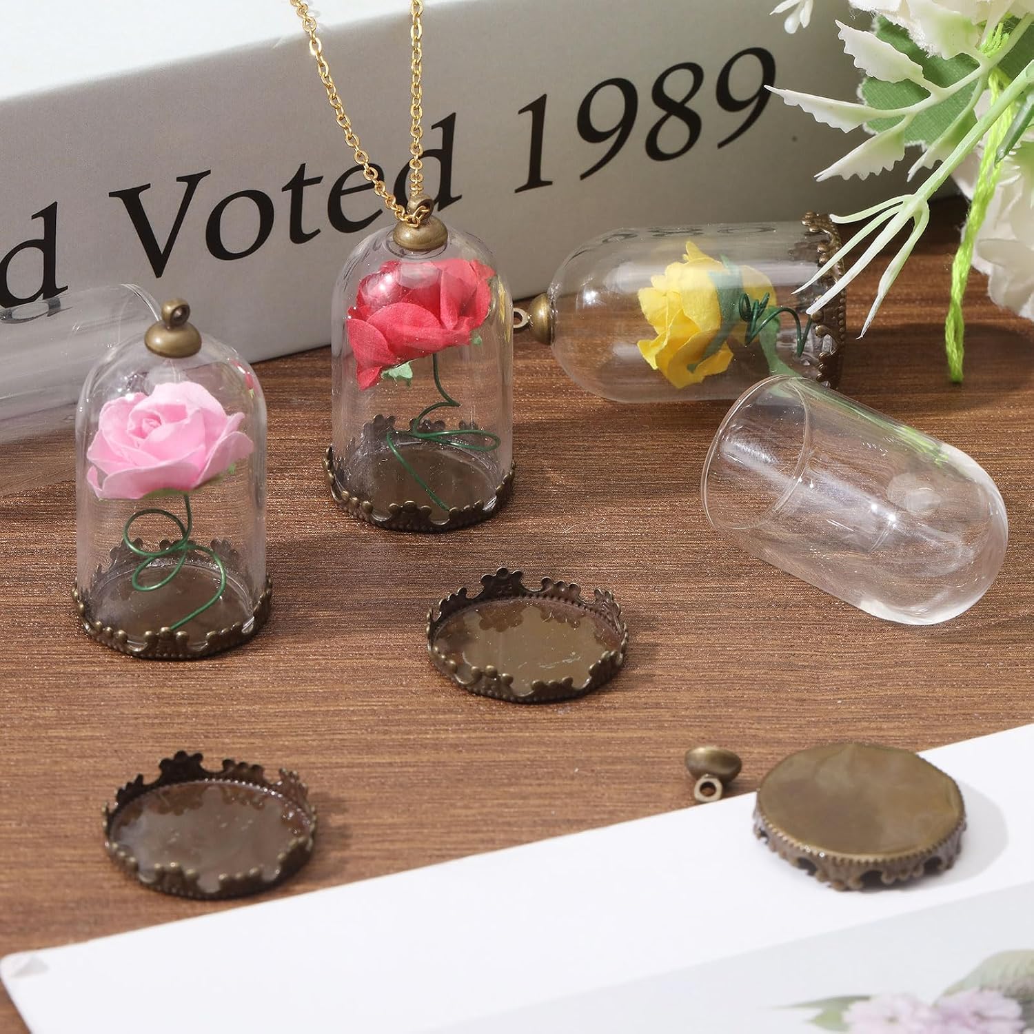 CHGCRAFT 12Pcs Clear Glass Globe Charms DIY Pendant Kits with Brass Tray Settings Bead Cap Bails Crown Bottom Bracket Antique Bronze Glass Dome for Bracelet Necklace Jewelry Making DIY - Image 6