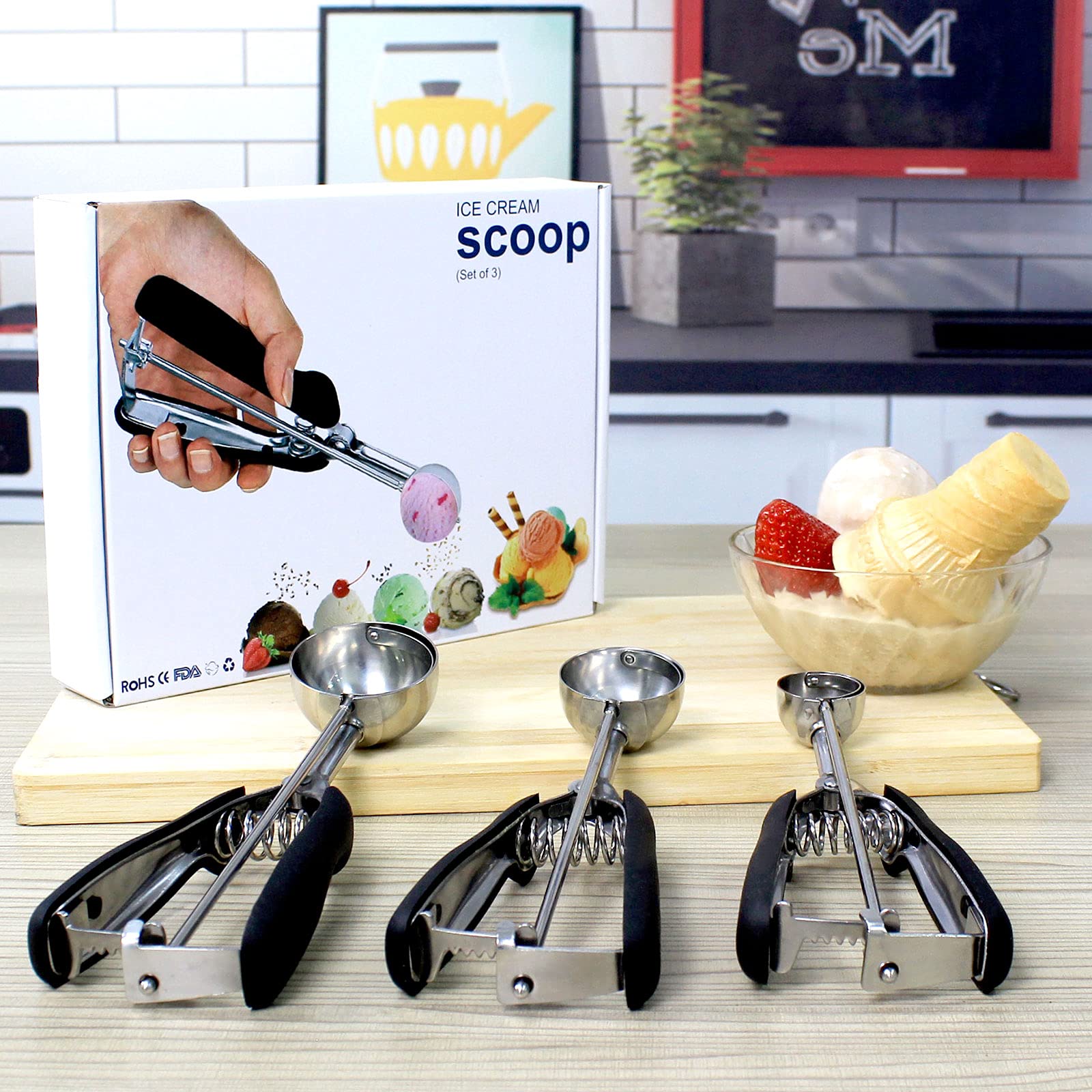Set 3 Cucchiai Per Gelato In Acciaio Inox – Con Grilletto, Misure S-M-L, Color Oro Rosa, Per Melone, Polpette, Muffin - 2