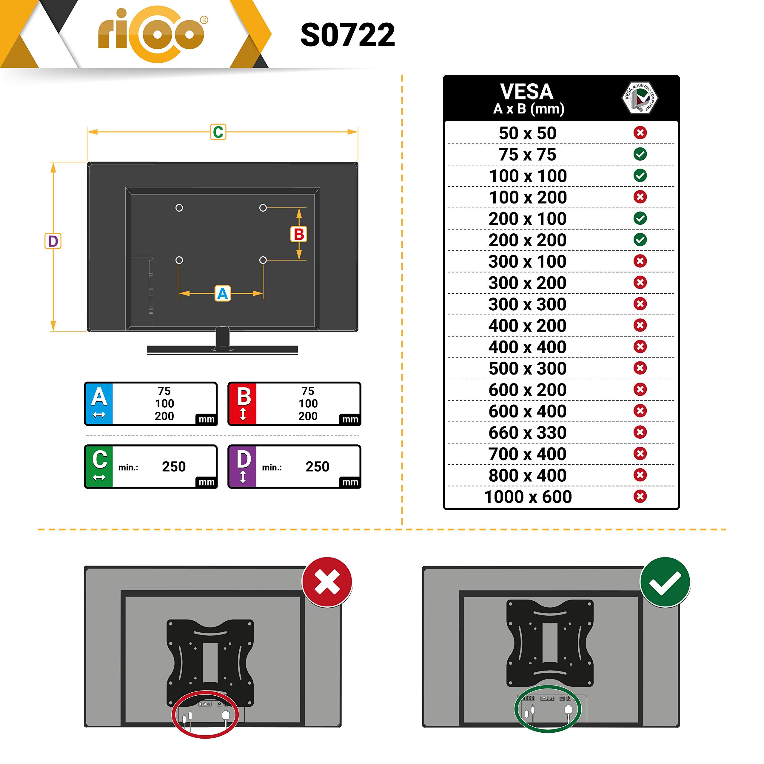 RICOO Soporte TV Pared Giratorio Inclinable Televisión 17-47" (43-119cm) S0722 Brazo articulado Universal Televisor LED/LCD VESA 75x75-200x200