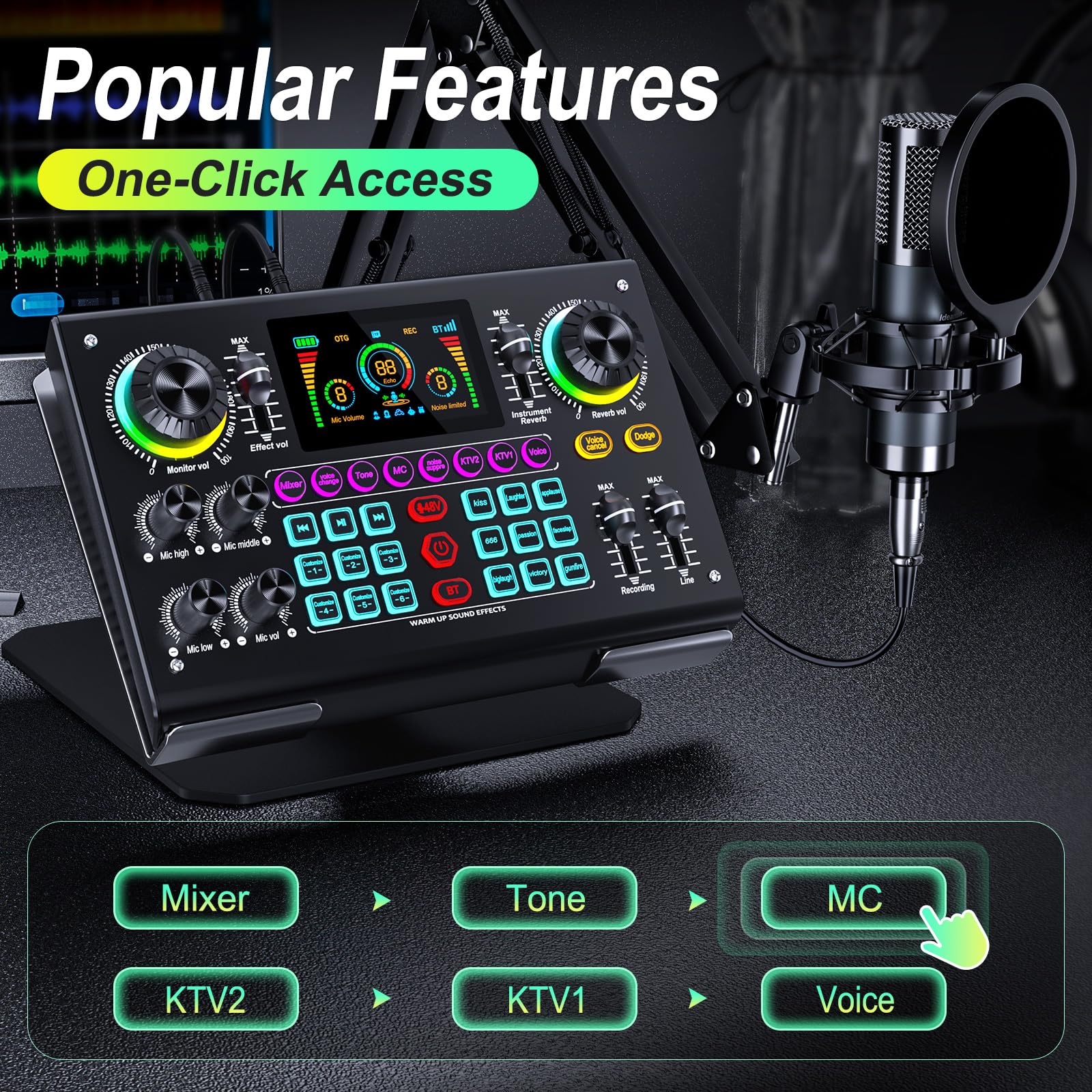 Professional Podcast Bundle with DSP Sound Card and Audio Mixer, 3.5mm Condenser Microphone for Live Streaming, Singing, Recording, and Gaming – Voice Changer, Noise Reduction