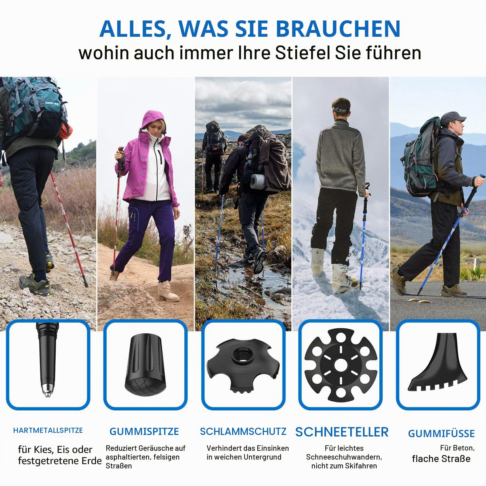 BISINNA Wanderstöcke Trekkingstöcke Nordic Walking Stöcke - 95-115 cm / 115-135 cm Faltbar Verstellbar Leichtgewichtige Aluminium-Wanderstock, mit Gummipuffer für Damen und Herren (4 Farben)