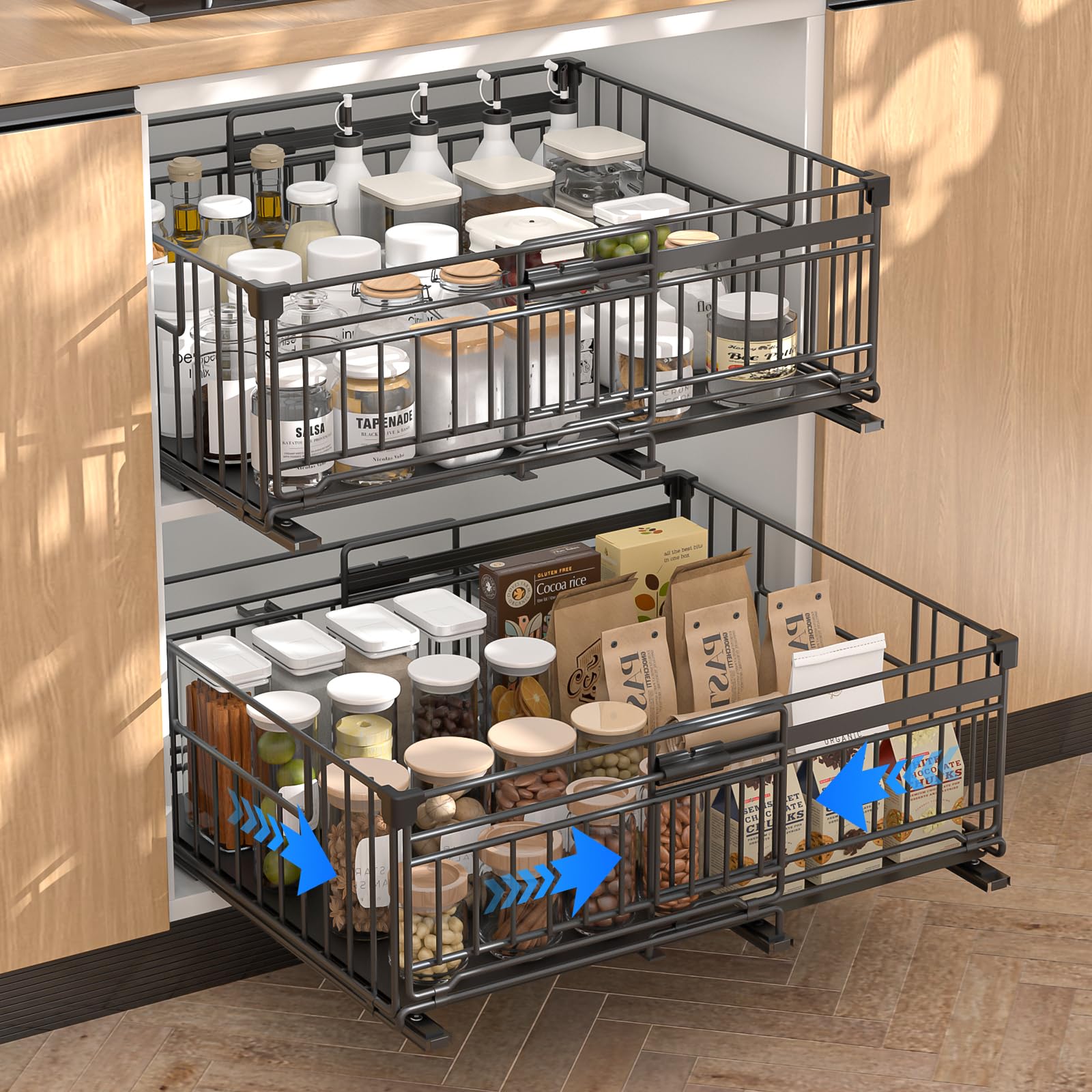 2 Piezas Cajones Extraibles para Cocina Bandeja Extraible Armario cajon Telescopico Cocina,Ancho Ajustable 32.5-50cm,Para Almacenaje y Organizador en Hogar Negro