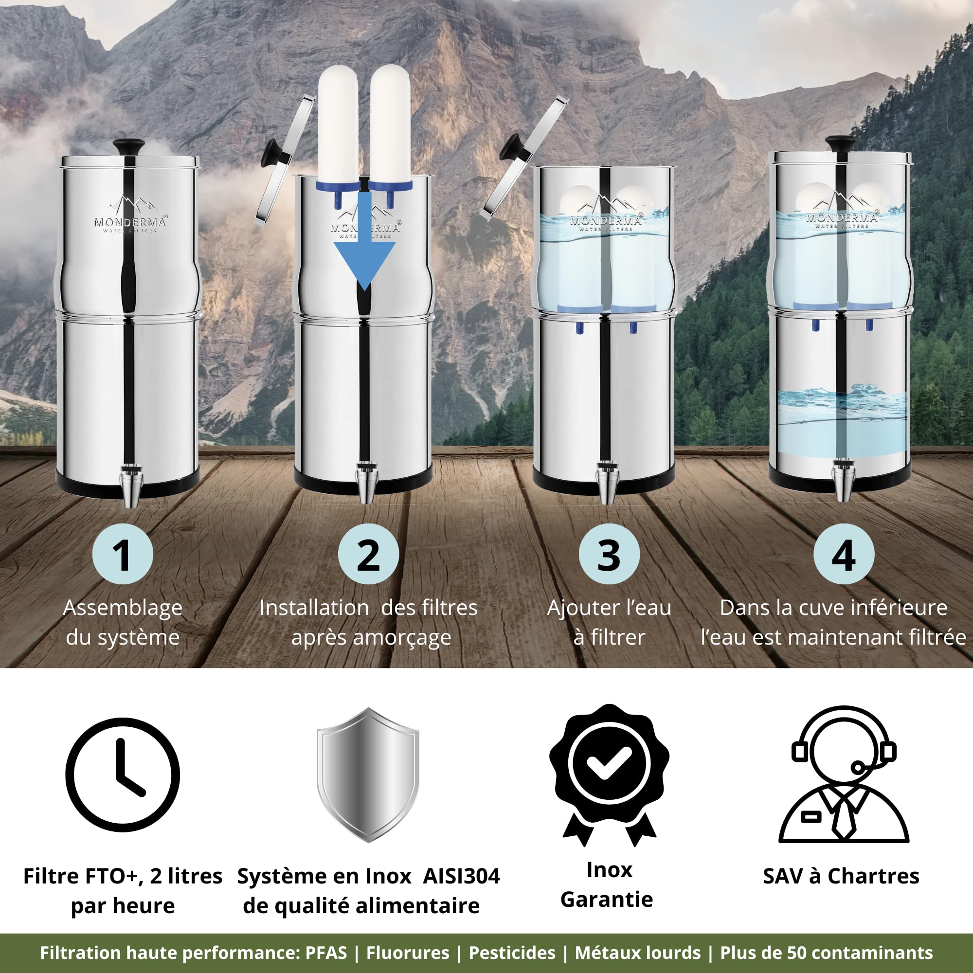water filters Big 8.5 litres - système de filtration d'eau par gravité, avec 2 cartouches filtrantes FTO+ coldstream certification NSF/ANSI, robinet100% inox.