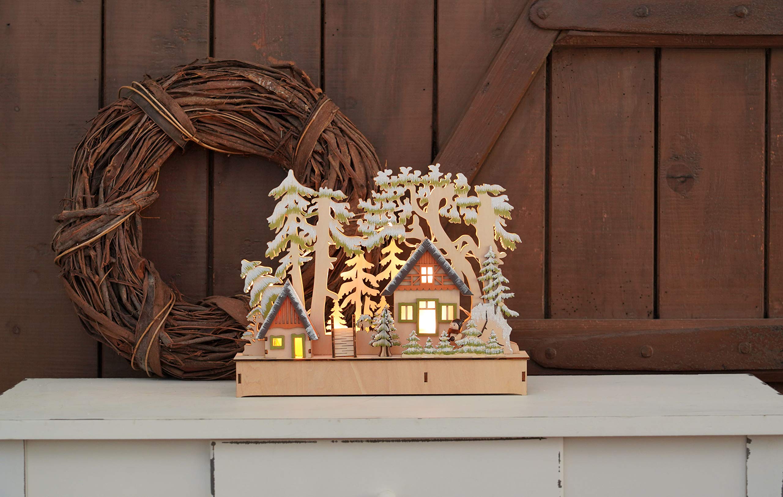 Étoile De Noël LED En Bois 30 Cm - Décoration De Table Lumineuse à Piles, Motif Maison