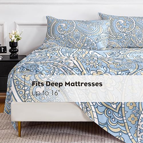 Miniatura 3 de Sábanas tamaño King  Paisley  Sábanas lujosas de microfibra cepillada de 3.17 ozm  Sábanas refrescantes transpirables para cama tamaño King