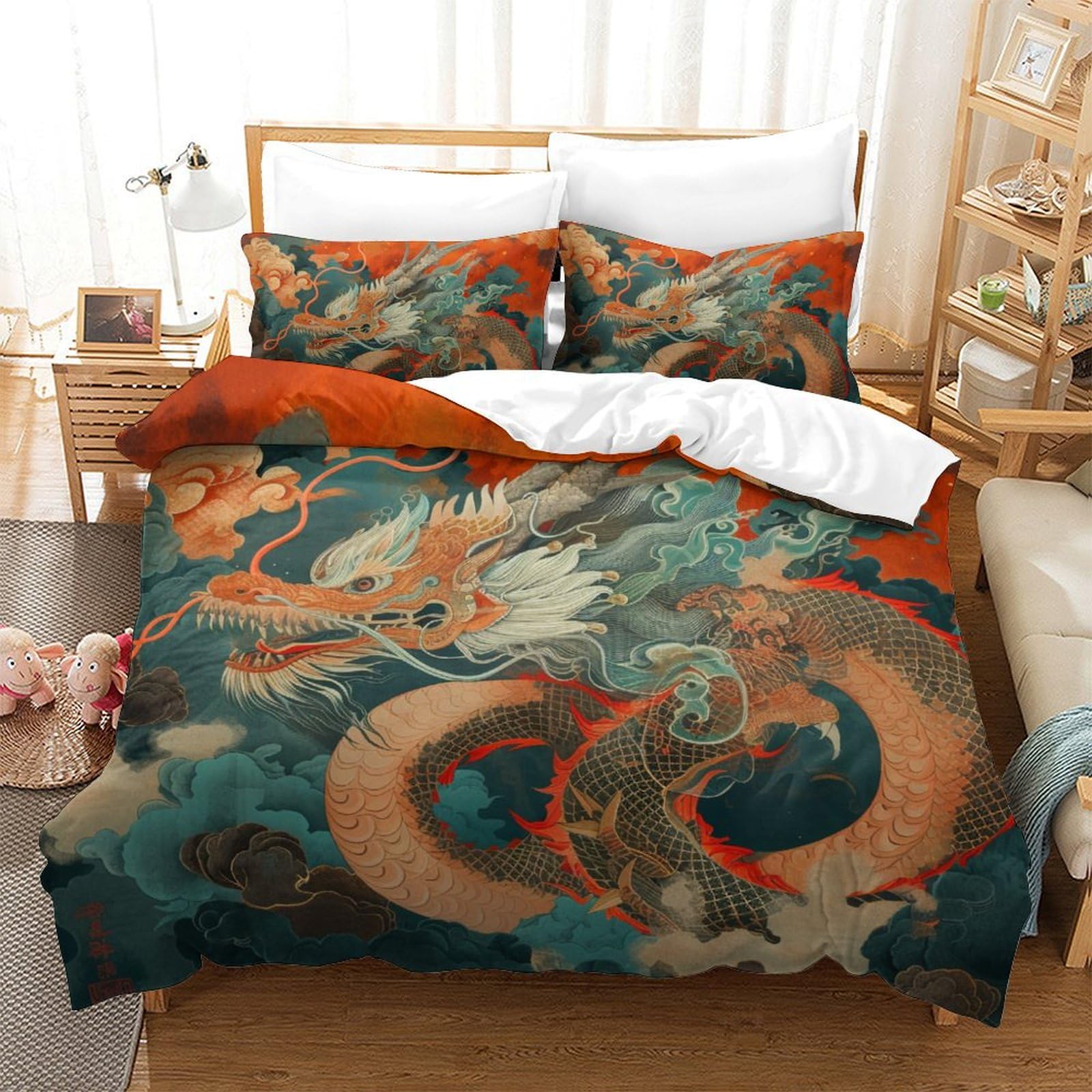 Housse de couette dragon zippée finie la couette qui glisse parure de lit 220x240