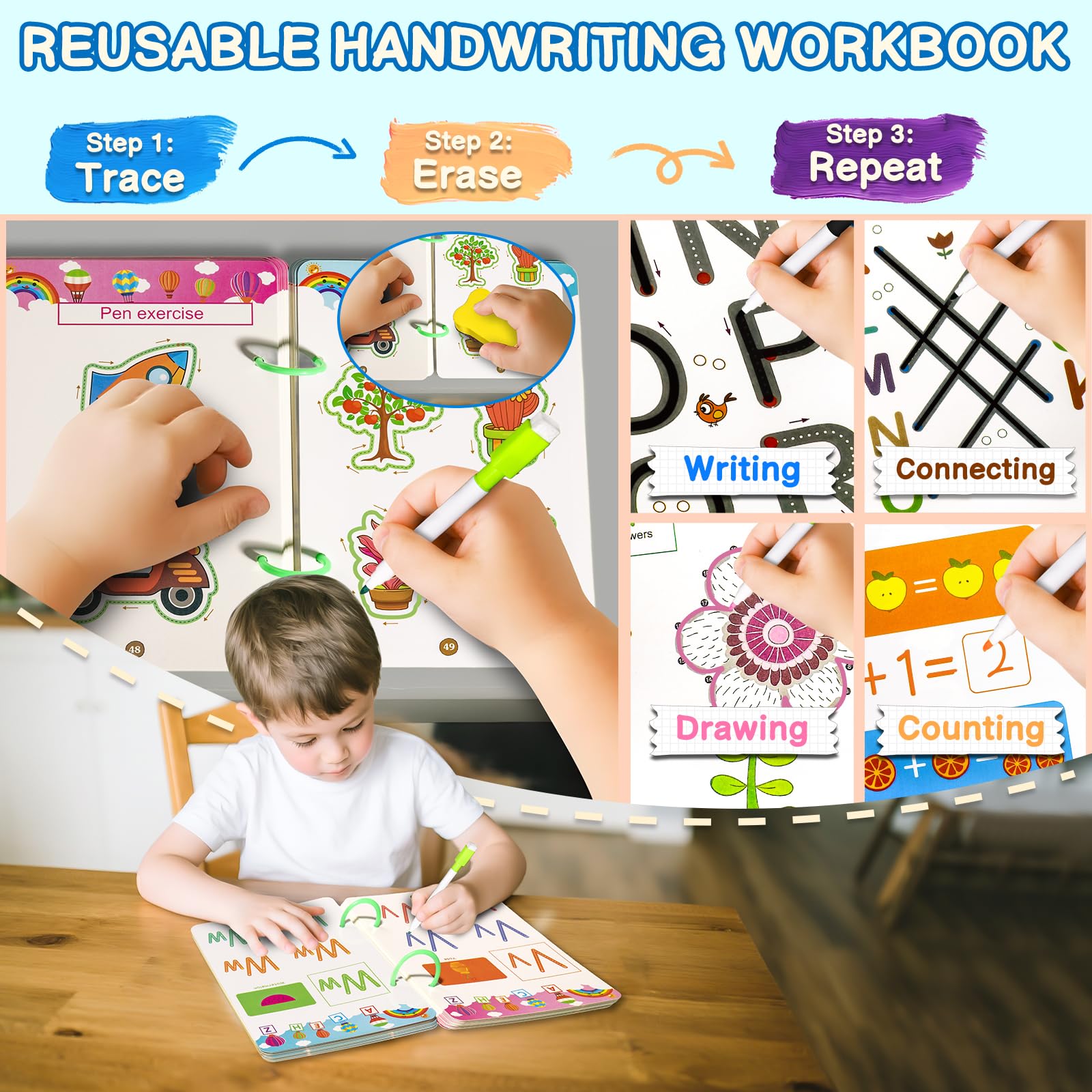 Handwriting Tracing Book - Pen Control Practice Training Books Kit, 296 Reusable Pages with Dry Erase, Alphabet | Count | Draw with Dots, Preschool Learning Activities 4-Stage Workbooks — Amazon image 5