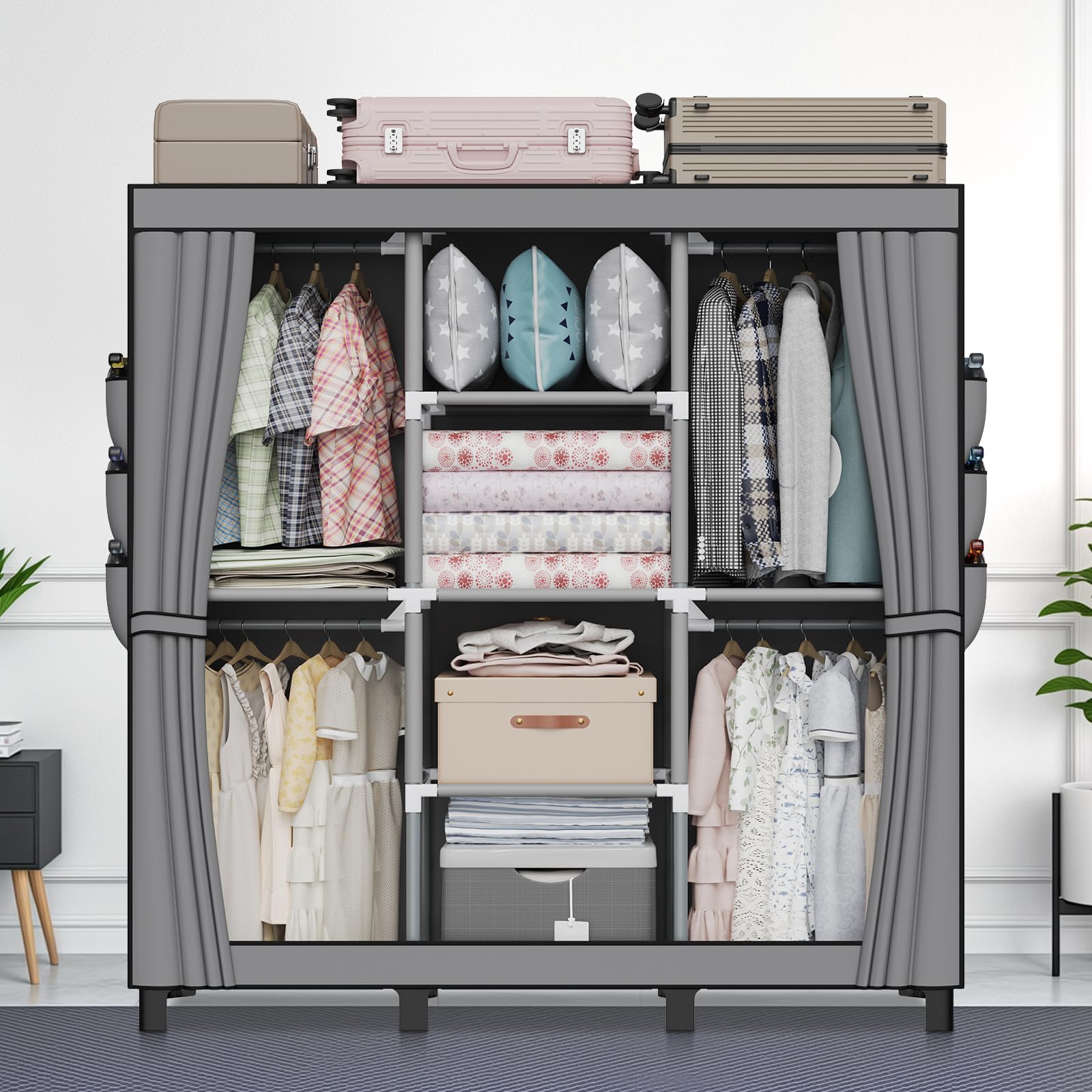 LOEFME Kleiderschrank, Stoffschrank, Faltbarer Kleiderschrank mit Kleiderstange, Stoffkleiderschrank mit 18 Seitentaschen, 45 x 130 x 172 cm, Grau