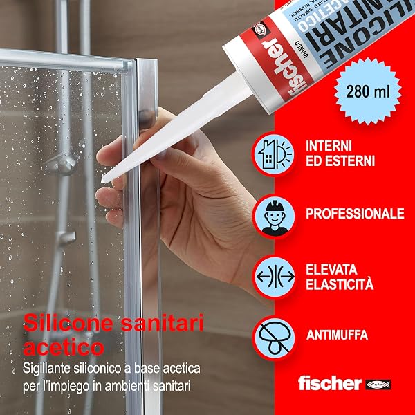 Fischer SAS Trasparente, Silicone Sigillante Antimuffa interno/esterno Acetico per Sanitari e Cucina, Bagno, Doccia, Ceramica, 9362 - 2