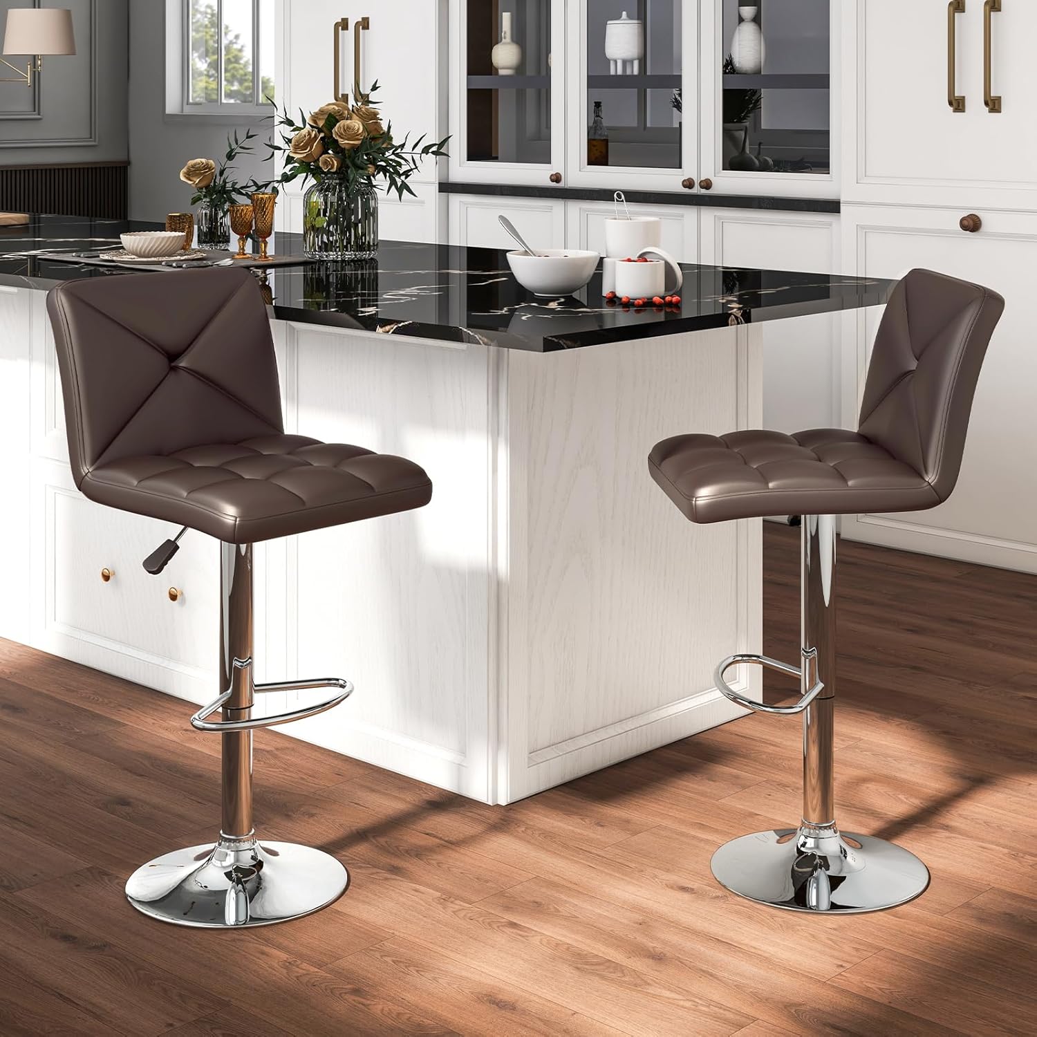 Giantex Bar Stools Set of 2, Modern PU Leather Swivel Counter Height Bar Stools with Back, Heavy-Duty Metal Base & Footrest, Upholstered Height Adjustable Barstools for Kitchen Island Cafe, Brown