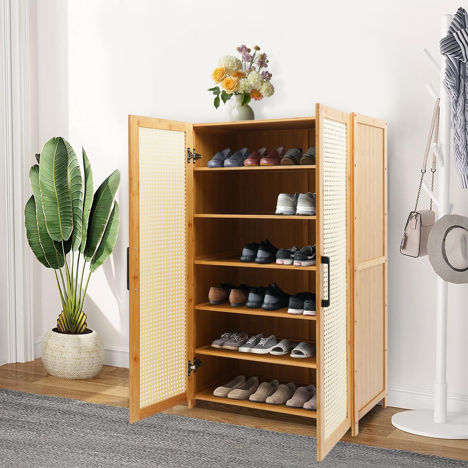 Scarpiera in bambù, 6 scomparti, molto resistente, con porte, per corridoio, soggiorno, camera da letto, ventilata, regolabile, 60 x 33 x 100 cm