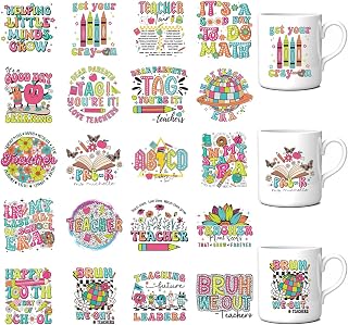 20 Sheets Teacher UV DTF Cup Wraps, School Stickers Rub On Transfer for Glass, Classroom, Book, Blackboard, Globe, Ruler, Back to School Craft, Gifts for Teacher Students