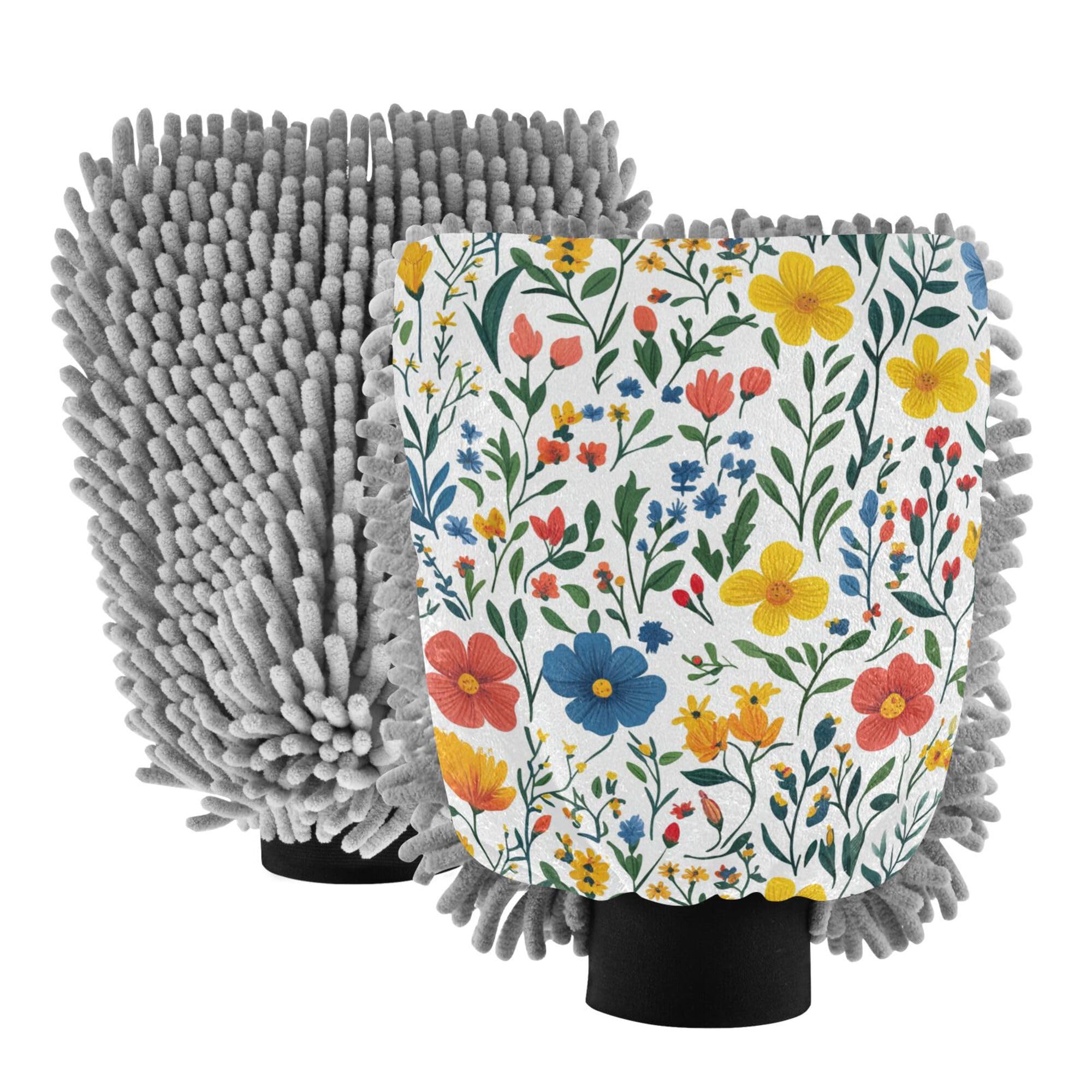Spring Flowers Orchid Dianthus White Car Wash Mit 11.8'' Car Clean Gloves Scratch Free Clean Sponges for Cleaning Wash