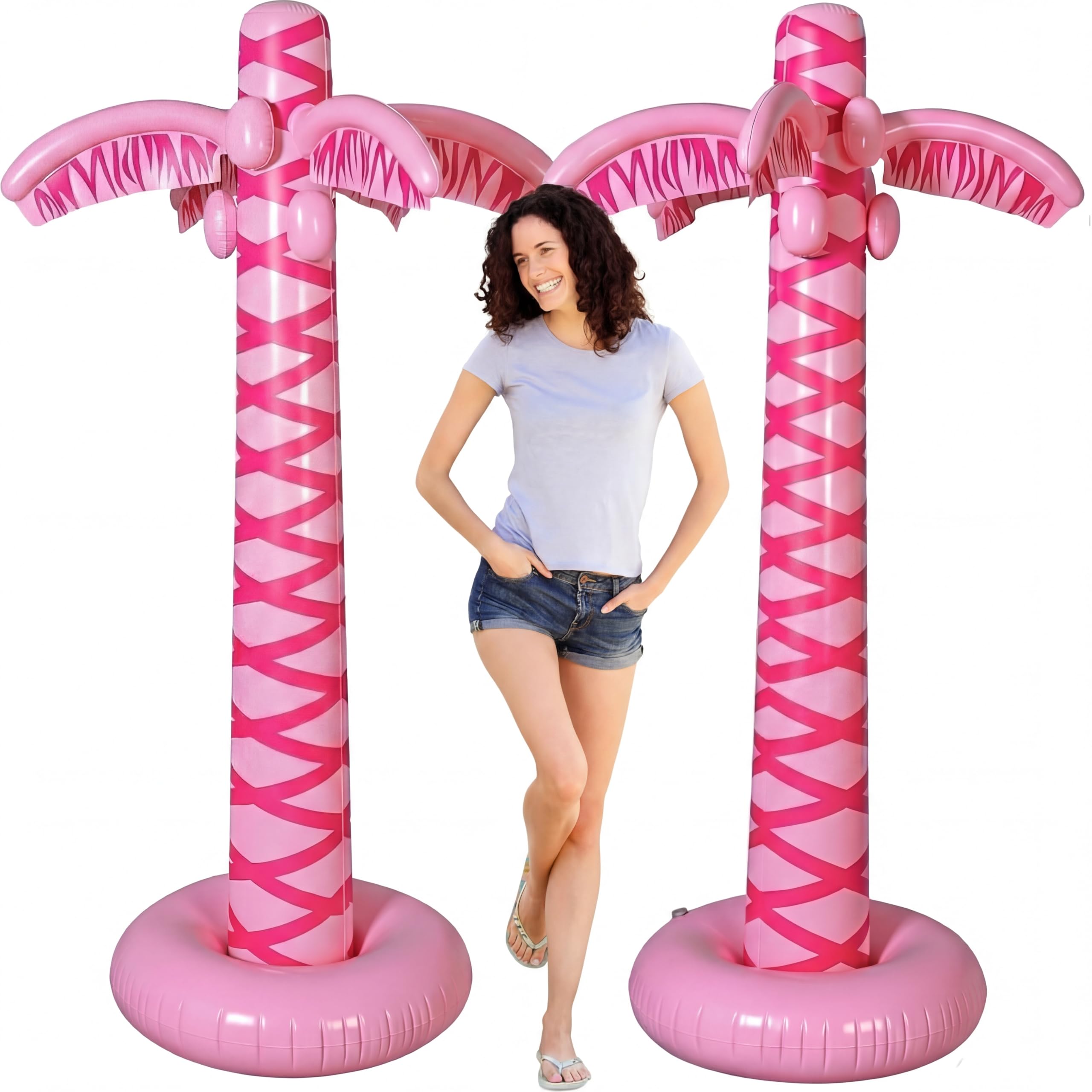 2 Pcs Giant Inflatable Pink Palm Trees Hot Pink Beach Themed Party Blow up Outdoor Decorations for Women Summer Beach Hawaiian Theme Birthday Photo Booth Pool Entrance Decor (5.5 ft)