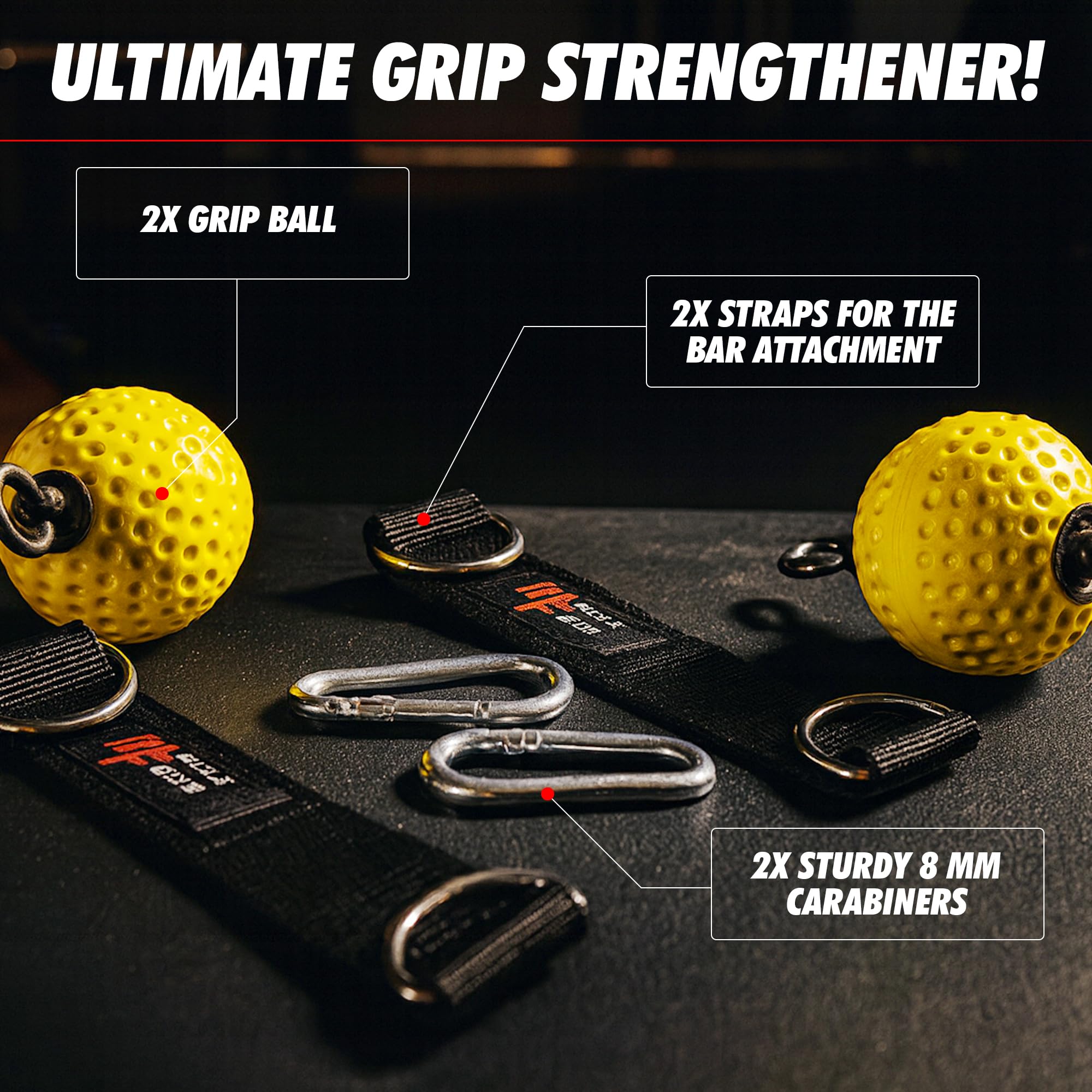 Palline Presa Allenamento - Grip Ball Antiscivolo per Trazioni, Arrampicata, Calisthenics - Rafforza Avambraccio, Resistenza - 2 Sfere con Moschettoni, Cinghie - Carico 240 kg