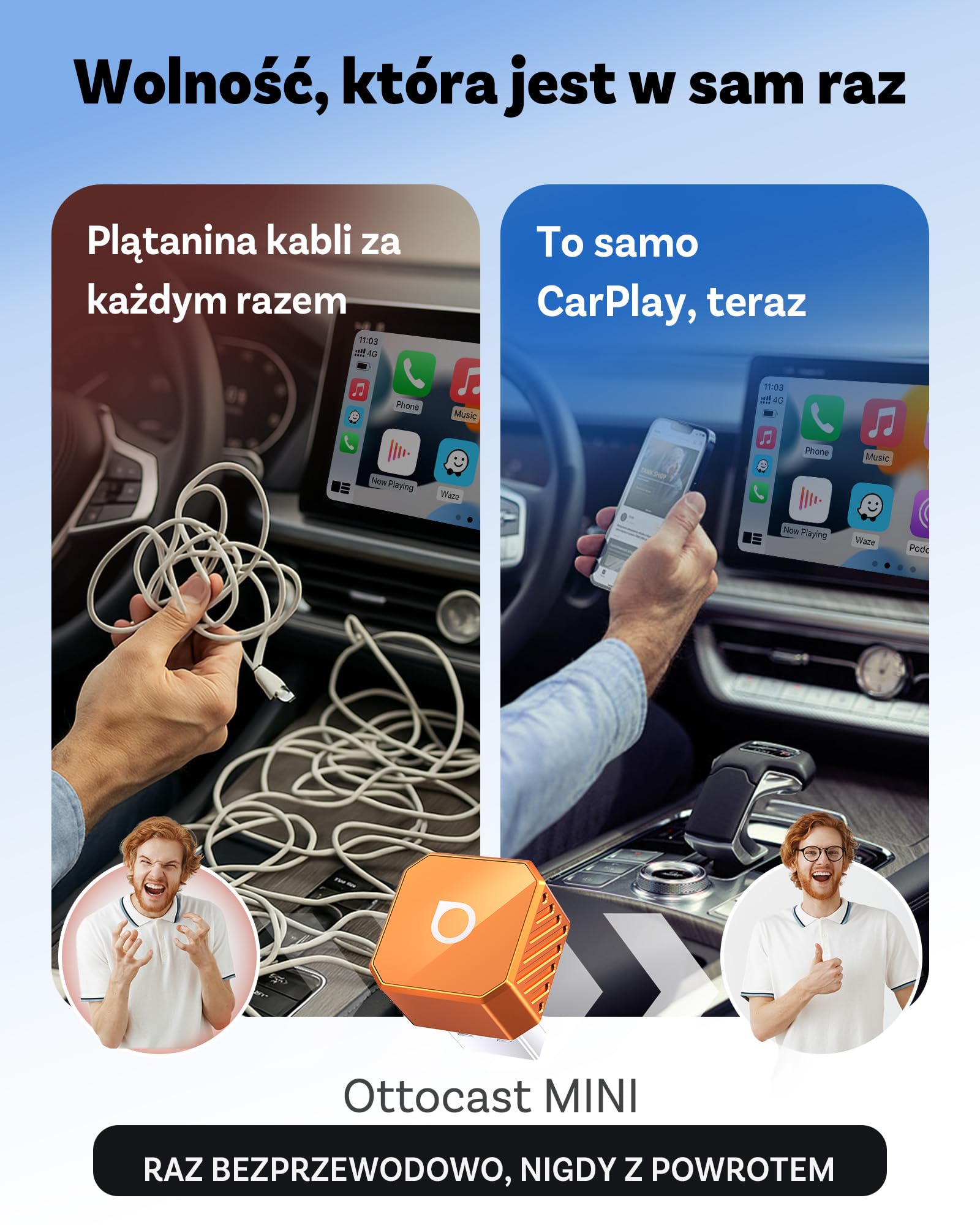 2026 Ottocast Mini Pot Orange, Bezprzewodowy Adapter 2-w-1 CarPlay i Android Auto, Dongle Wireless Plug & Play, Automatyczne Połączenie w 5s, do Samochodów z Fabrycznym Przewodem, iPhone i Android