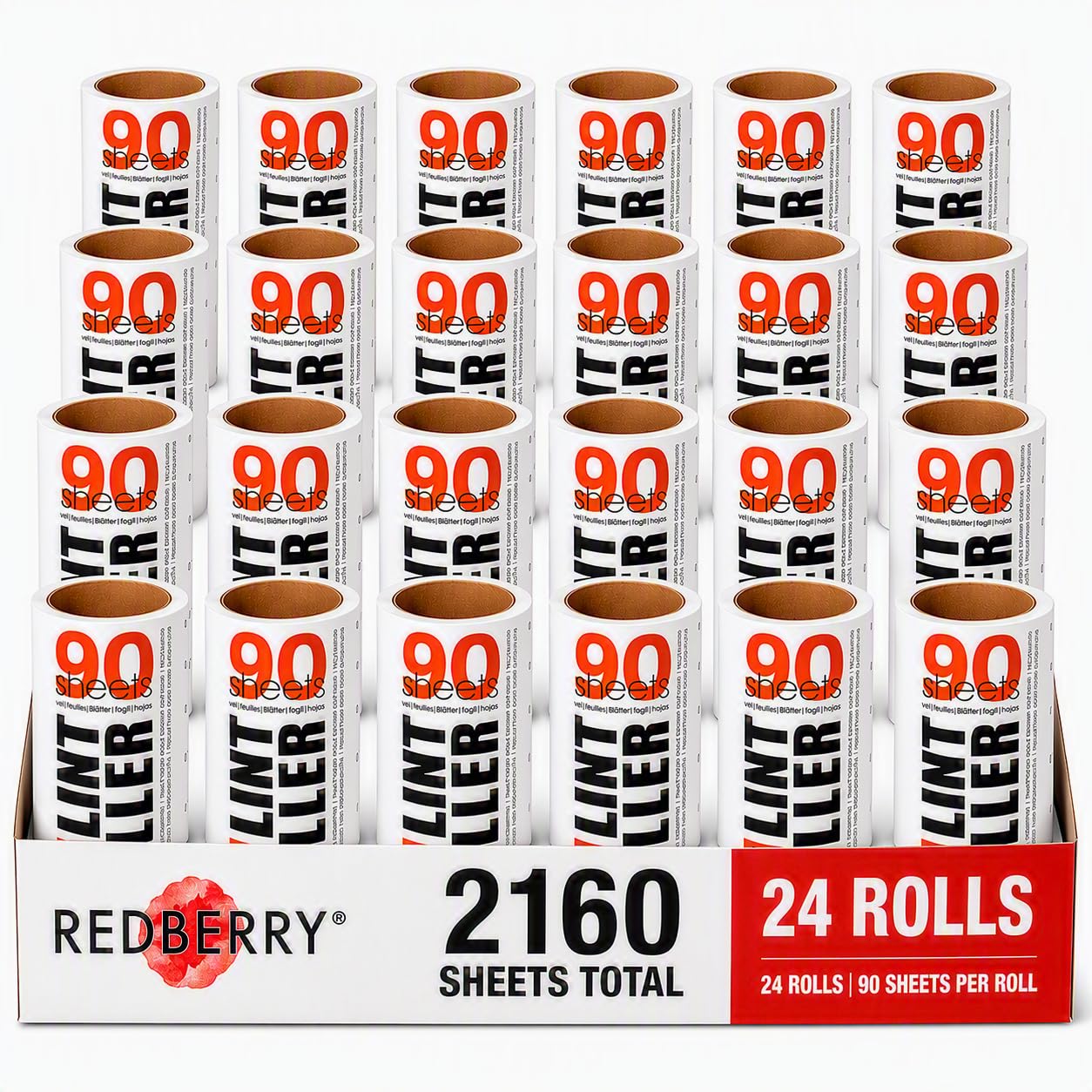 Redberry Fusselroller-Nachfüll-Set, 24 x 90 Blatt Rollen, 324 m, 2160 Blatt insgesamt, entfernt Fusseln, Tierhaare und Staub, Weiß