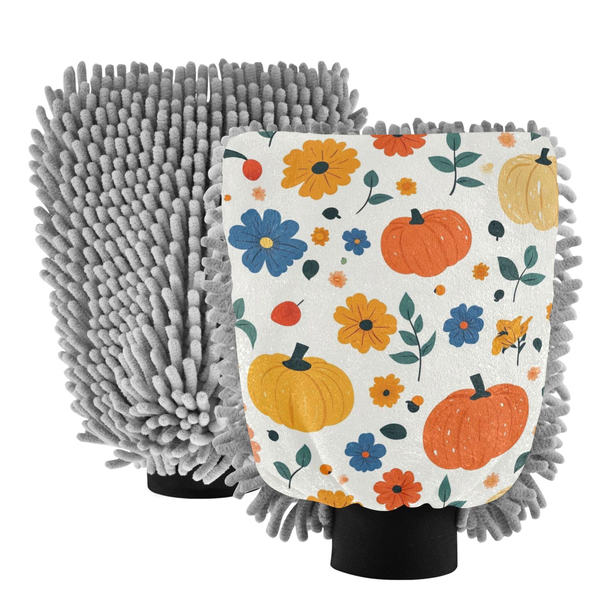 Fall Cartoon Flowers Pumpkins Microfiber Mitt for Cars 11.8'' Car Washing Glove Scratch Free Detailing Clean Rag for Auto Supplies