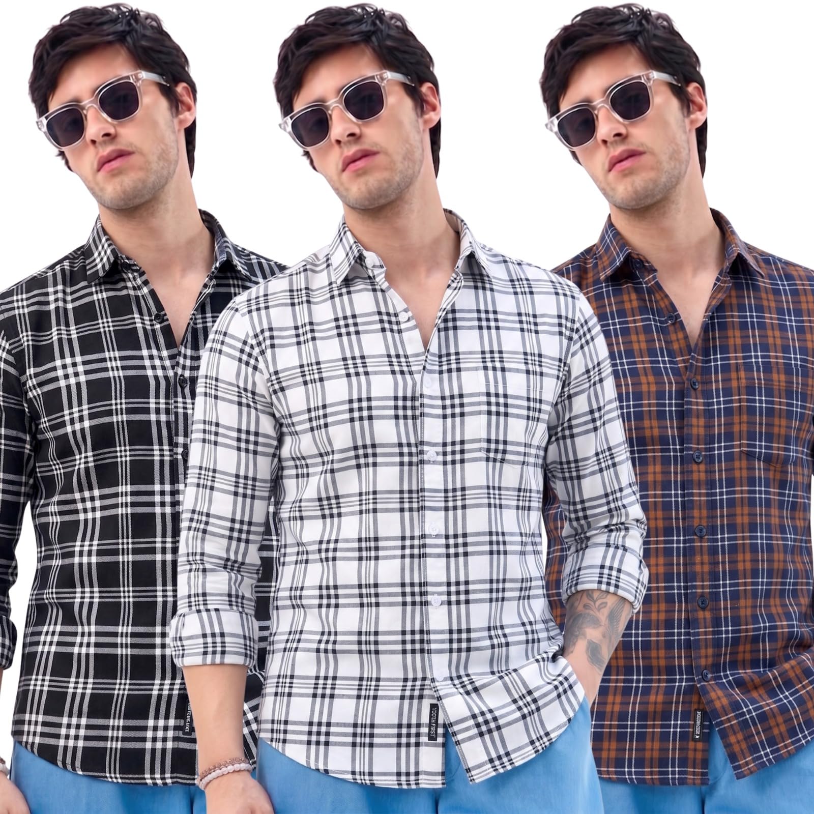 Youth First Men's Cotton Blend Checkered Casual Shirt (Pack of 3) | Regular Fit Full Sleeve Checked Shirt for Men | Casual Wear Office Wear-picture-42