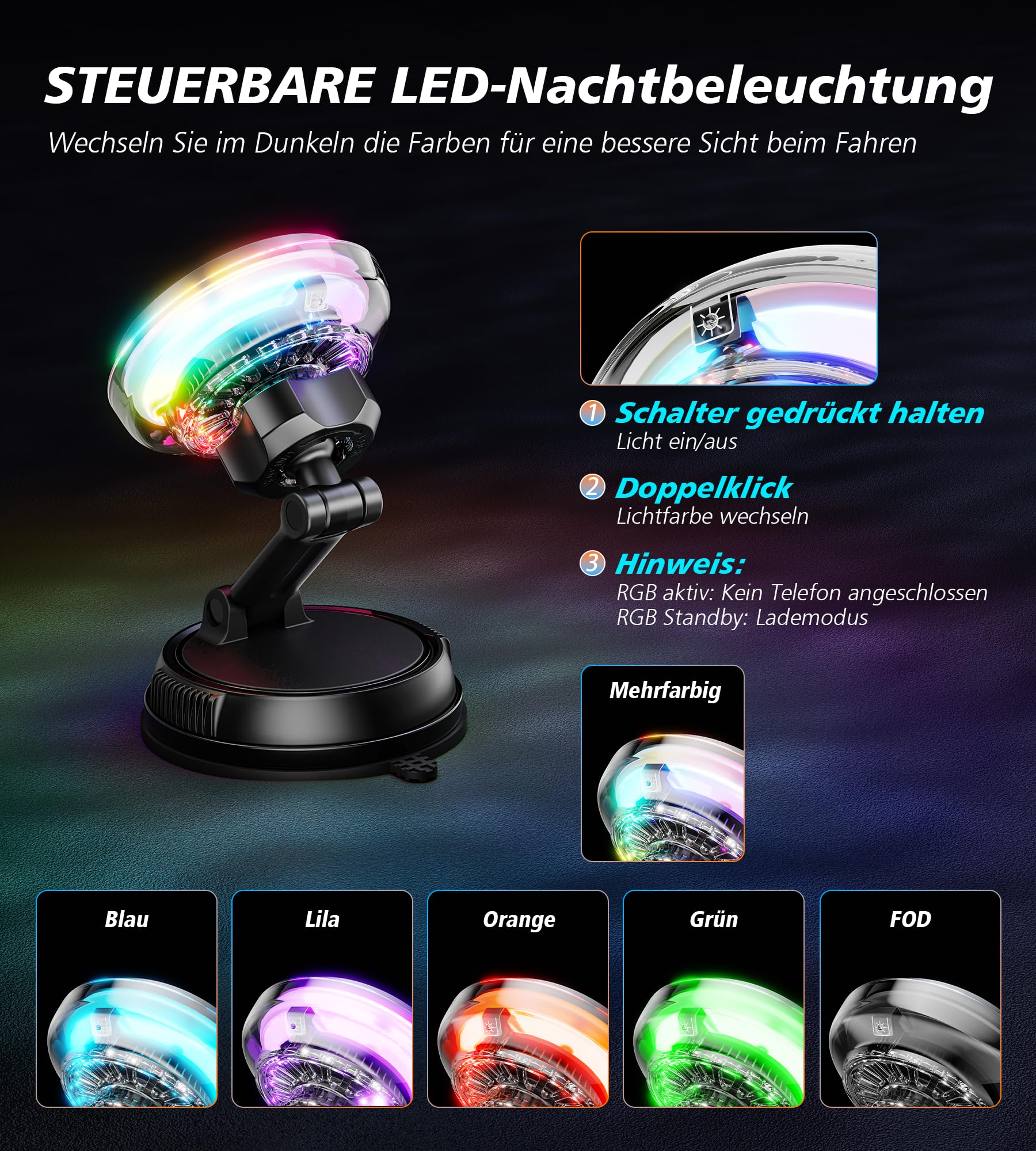 für 15W MagSafe Autohalterung Ladegerät mit Kühlventilator, [Schnellladen Handykühlung RGB Beleuchtung] 78+ lbs Starke Saugkraft Magnet Kabelloses Handyhalterung Auto,für iPhone 17/16/15/14/13/12