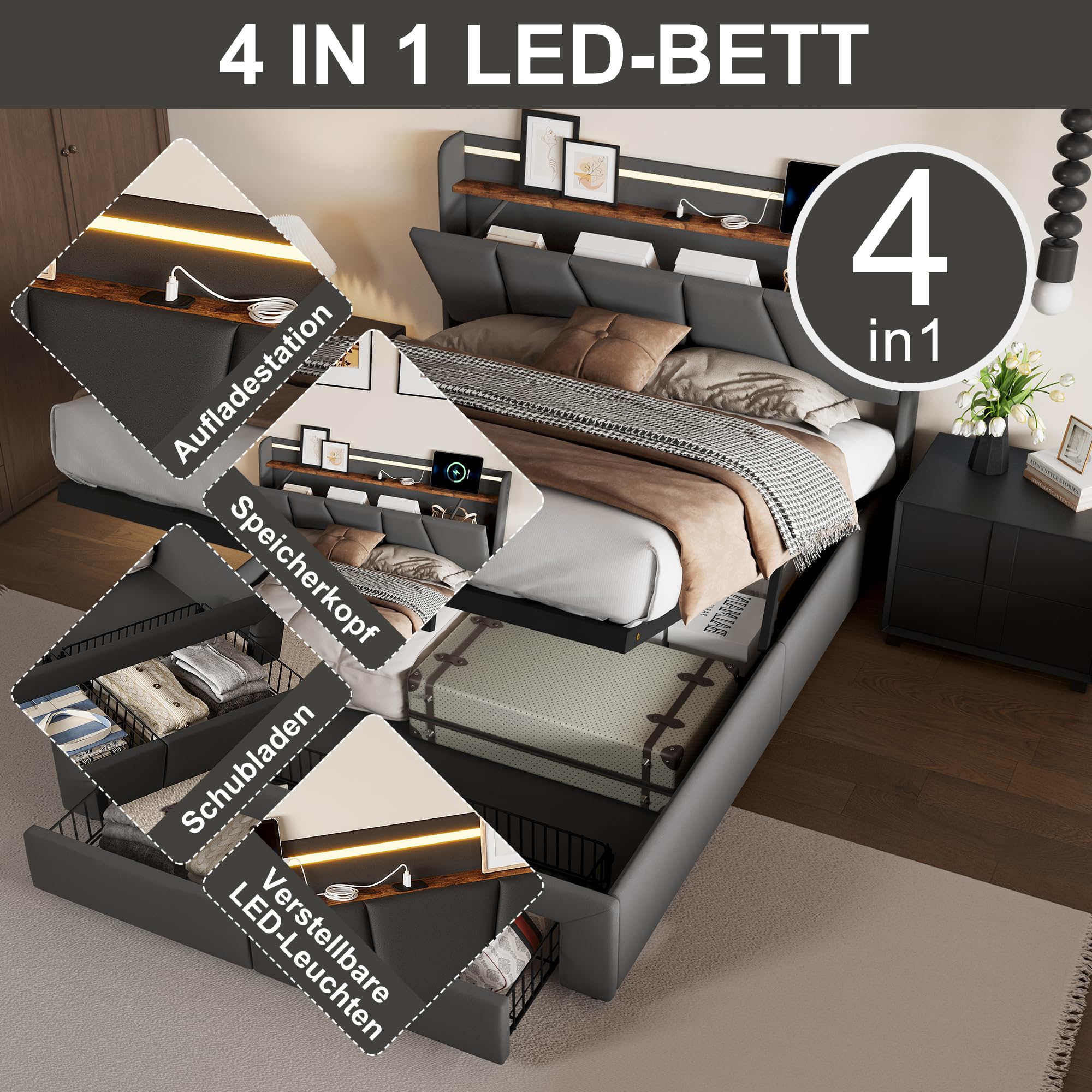 Łóżko tapicerowane 140 x 200 cm, podwójne łóżko z oświetleniem LED, przyłącza USB i typu C, hydrauliczne, ze skrzynią na pościel, łóżko młodzieżowe, rama łóżka z zagłówkiem, tkanina lniana, bez