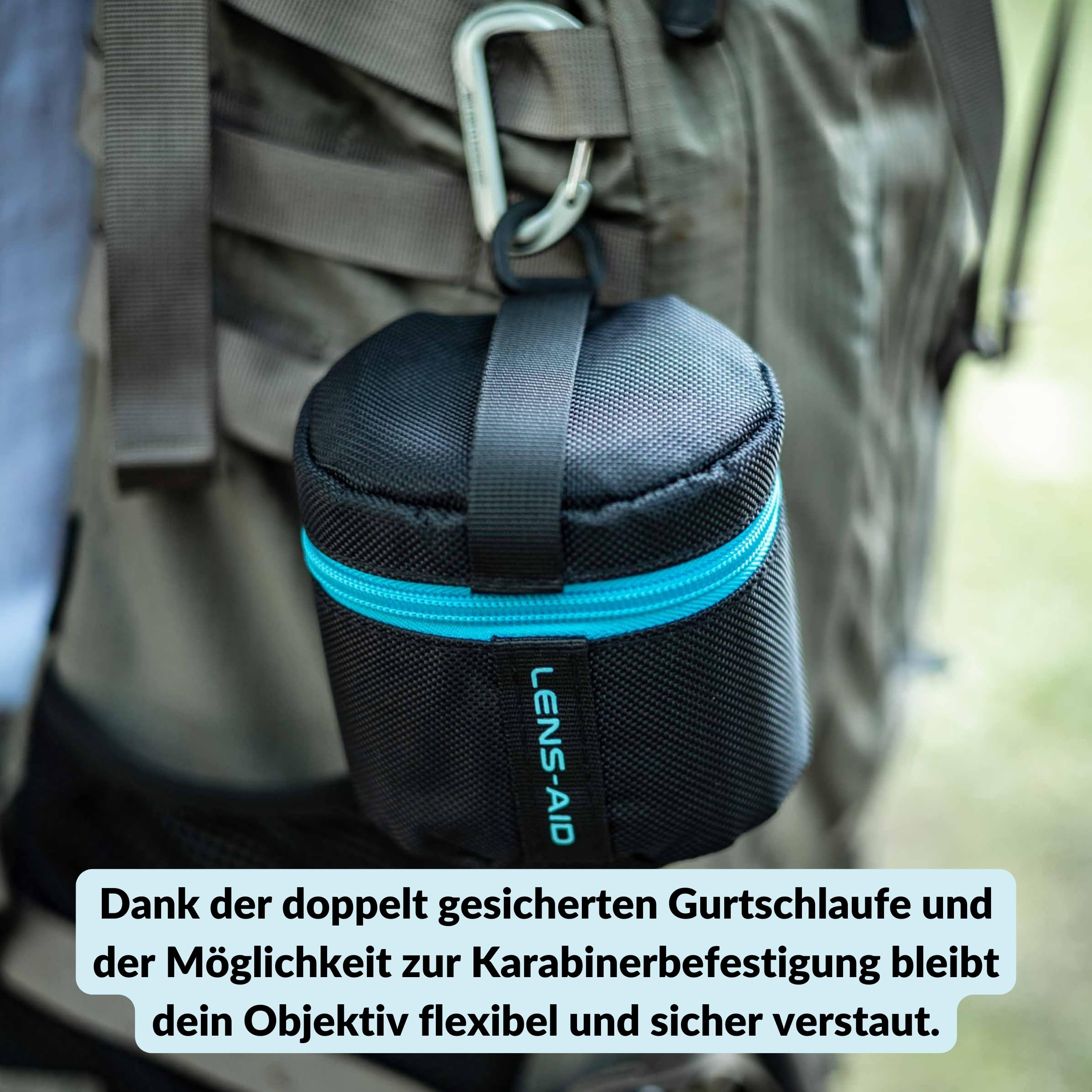 LENS-AID Objektivtasche dick gepolstert: Objektiv-Schutzhülle mit Reißverschluss und Gürtelschnalle