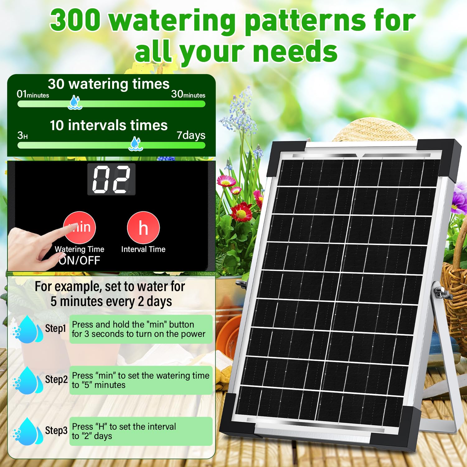 Onherm Kit Sistema de Riego por Goteo Automático Solar para Maceta, Manguera de 30 Metros para 1-30 Plantas en Macetas, 300 Modos de Temporizador, pare Jardín, Balcón y Huerta