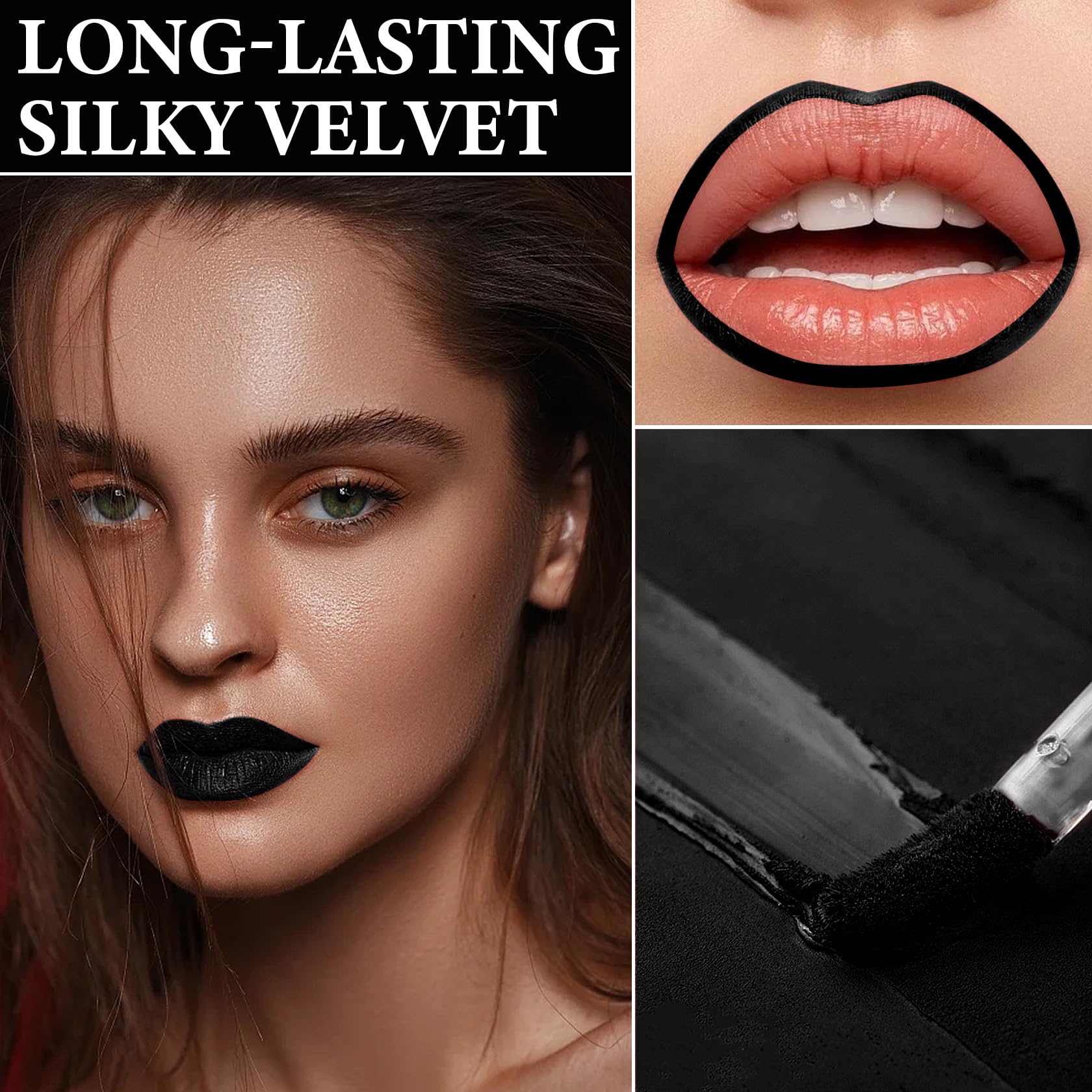 Juego de 2 lápices labiales líquidos y delineadores de labios, mate, impermeable, de larga duración, antiadherente, juego de brillo de labios negro para cosplay, gótico, maquillaje de 5