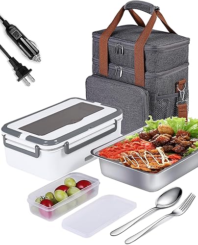 Miniatura 10 de Lonchera eléctrica de 60 onzas, calentador de alimentos, lonchera térmica para adultos y hombres, 12 V/24 V/110 V, calentador de alimentos portátil