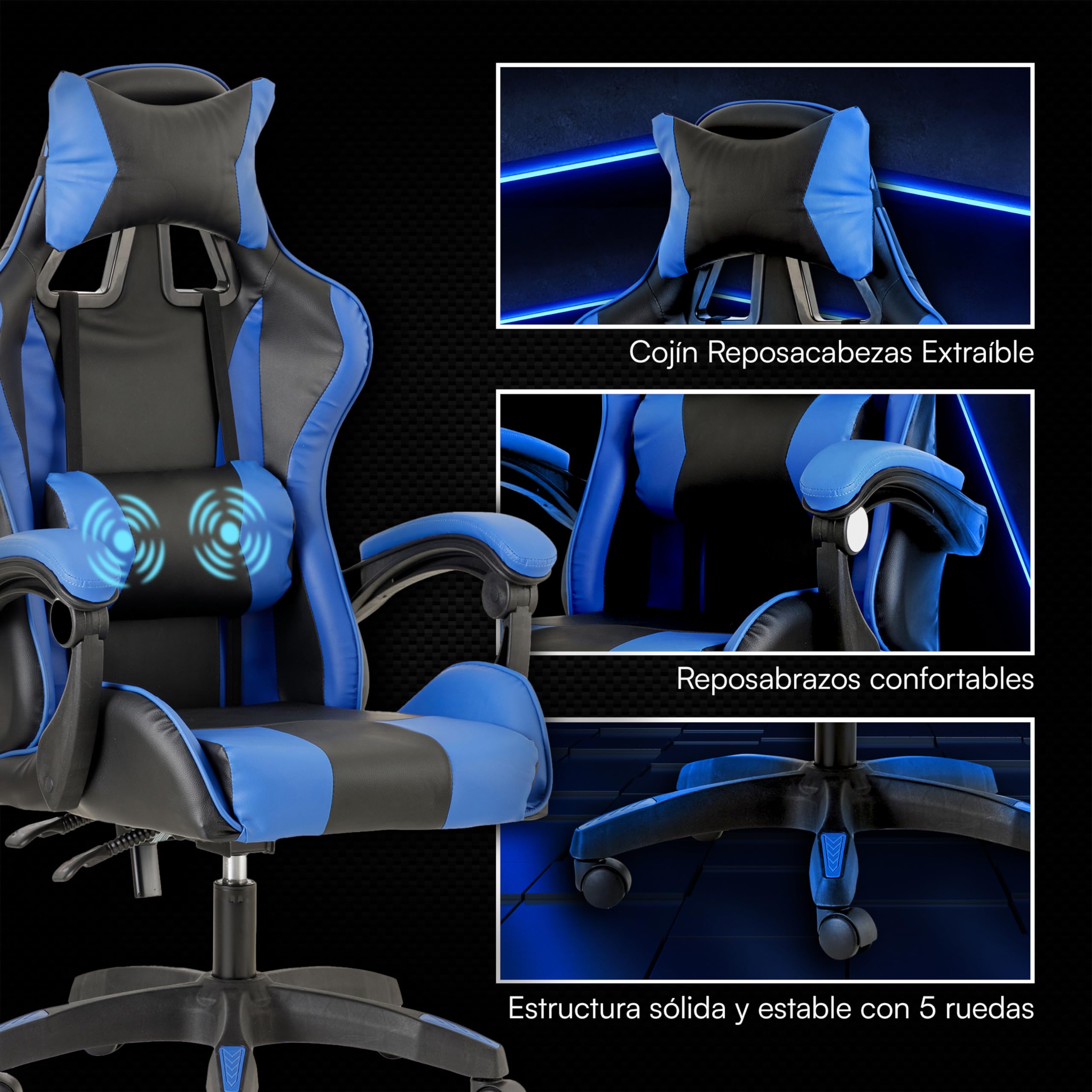 Baroni Home Silla de Gaming Ergonómica con Masajeador Lumbar, Silla de Oficina con Respaldo Reclinable con Cojines Ajustables Reposacabezas y Soporte de Espalda, 50x55x117 cm (Azul)