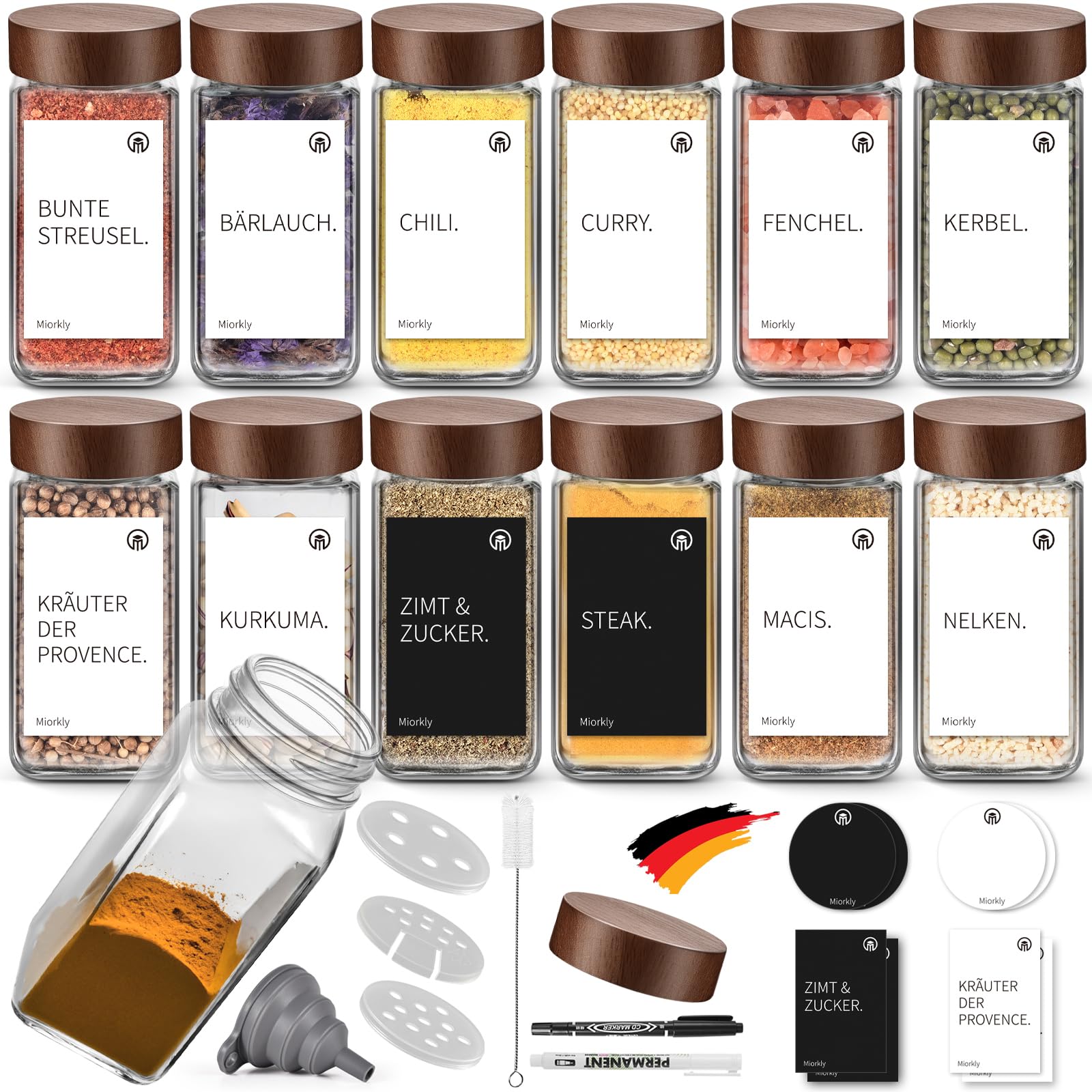 Miorkly Gewürzgläser Eckig Set 12er,Gewürzstreuer Glas mit Holzdeckel 120ml,Küchenzubehör zur Gewürze Aufbewahrung,Gewürzdosen,Gewürzbehälter mit Gewürzetiketten,Trichter-Spice Jars