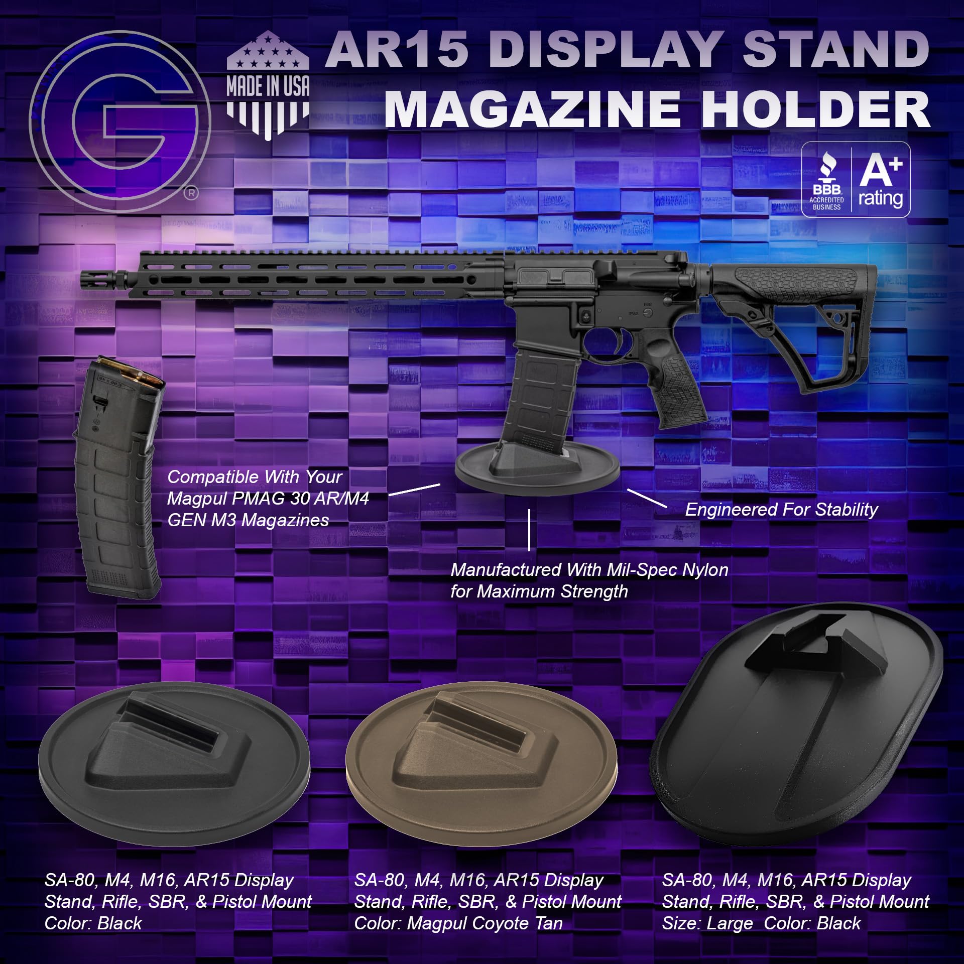 GUNCREED Rifle Display Stand for AR-15– Durable, Made in USA Pistol Stand - Gun Stand Compatible with 30RD Gen 2 & 3 Magpul PMAGs, GEN M3 & M2 MOE Magazines (Coyote Tan MIL-SPEC Nylon((No 3D Printed)