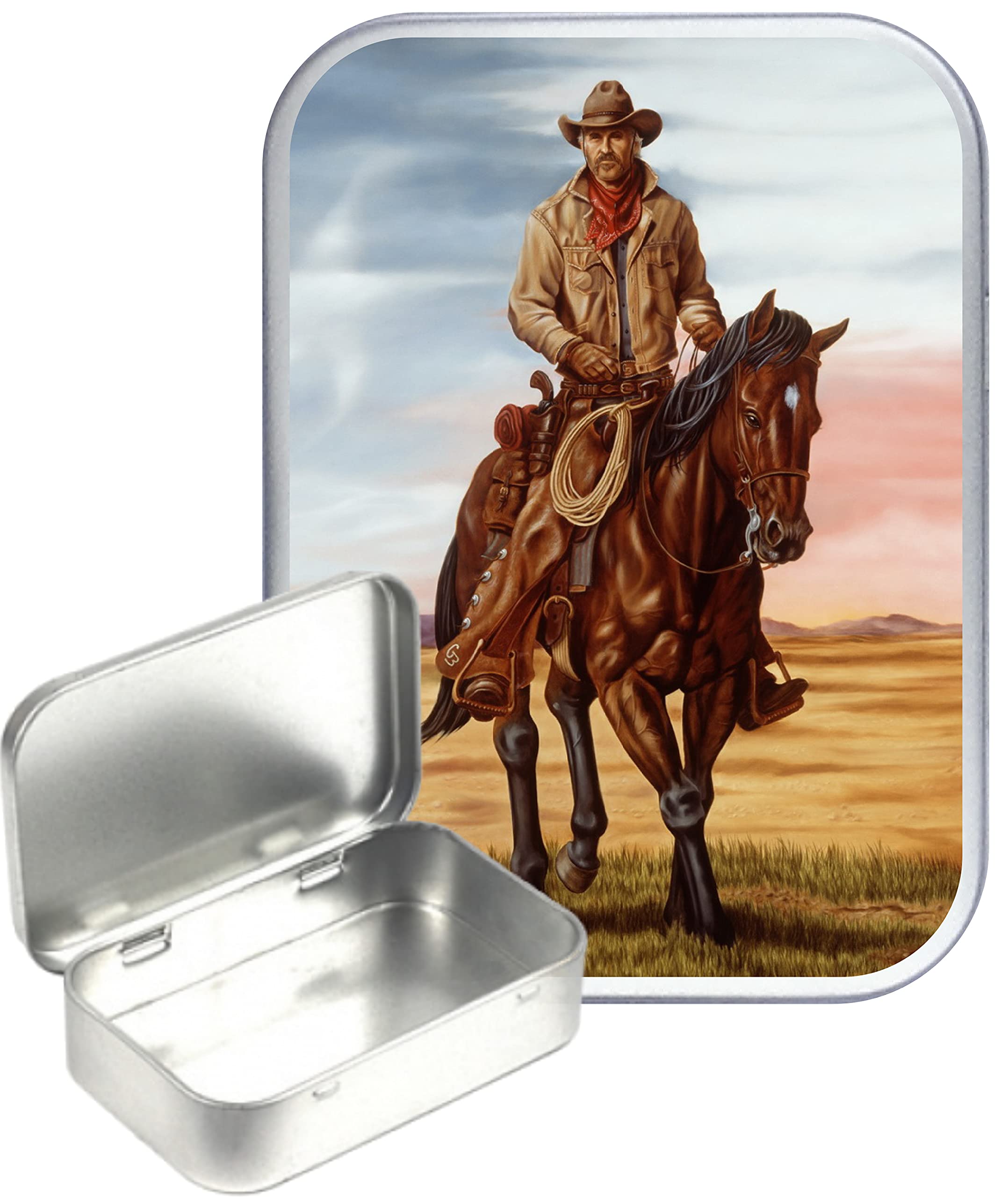 Teez Silver Cowboy Hinged Tin,Small 30Ml Tin, Pill Tin, Pocket Tin, Gift Box, 1Oz Tobacco Tin