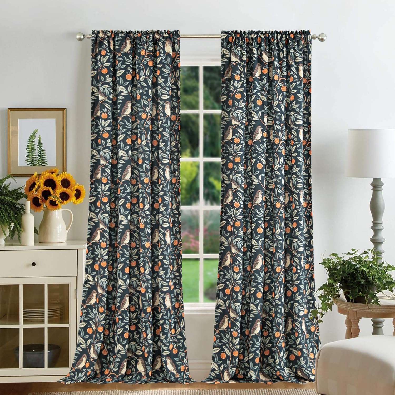 Leeva Cute Bird Pattern Print Bedroom Curtains, Farmhouse Style Linen Textured Drapes for Dorm Room Dividers, Rod Pocket Light Filtering Window Curtains for Sliding Door, 52 x 84 Inches, 2 Panels