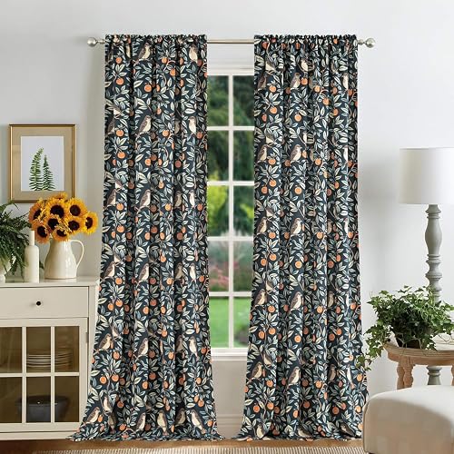 Leeva Cute Bird Pattern Print Bedroom Curtains, Farmhouse Style Linen Textured D