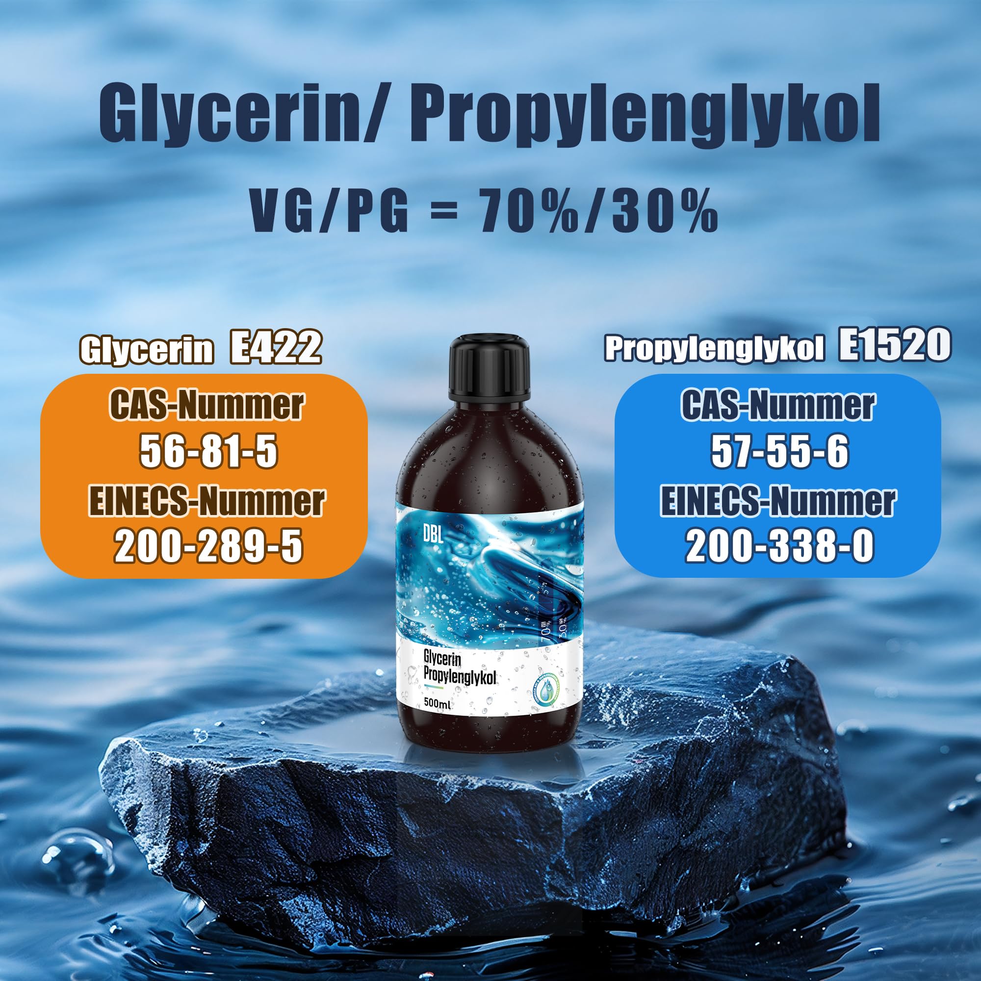 DBL 2x500ml 70% Glycerin E422, 30% Propylenglykol E1520, 70/30 VG/PG, 99,9% | Pharma- & Lebensmittelqualität, Vegan, Farblos, Ideal als Liquid Base für DIY, Seifen, Cremes, Kindersicherer Verschluss