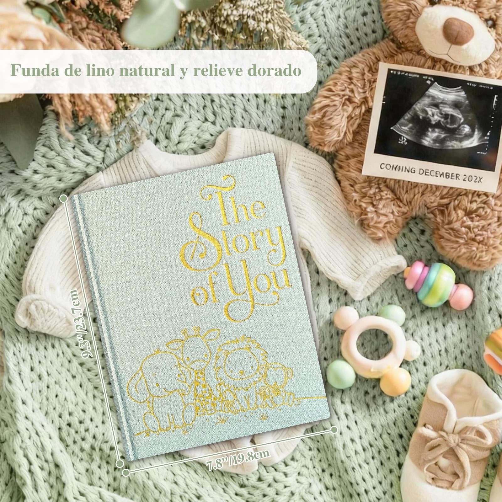 Lanpn Álbum Fotos Bebé Primer 5 Año para Niño Niña, The Story of Your Baby Memory Book, Libro Recuerdos Bebe, Baby's Journal Diario Recién Nacido Regalo (154 Páginas, Inglés, Verde)