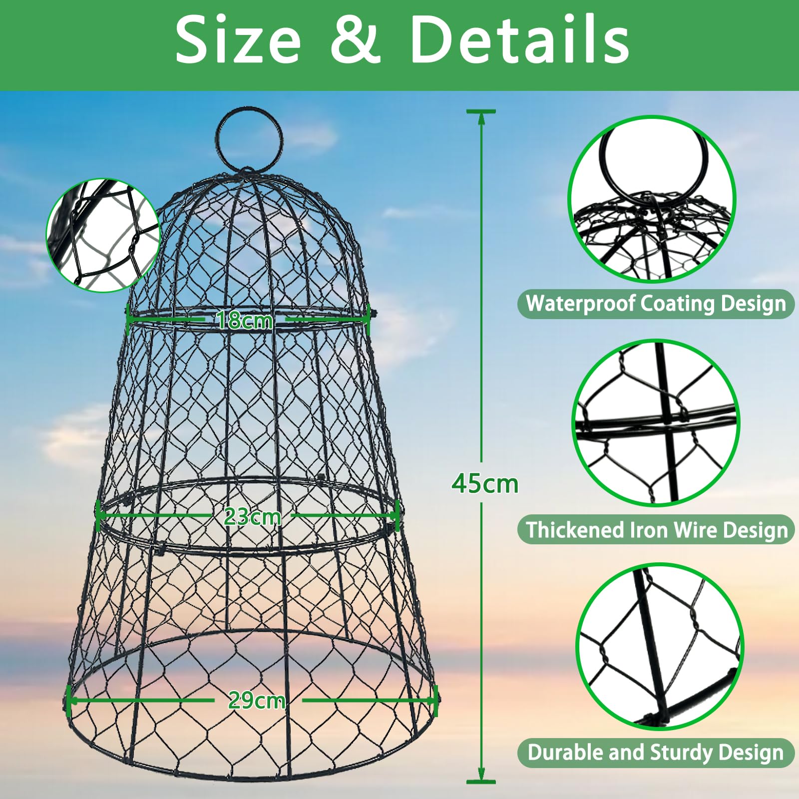 Lot de 3 housses de protection en fil de fer pour plantes, 45 cm x 29 cm, antirouille et robuste, avec piquets et étiquettes, cloches de jardin modulaires pour semis, fleurs, légumes, protéger des
