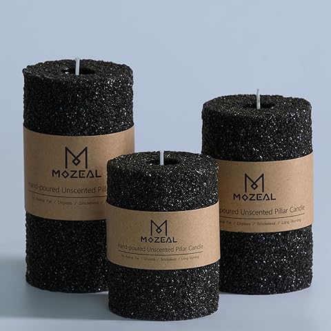 MOZEAL Hand-Poured Granular Texture Decorative Black Pillar Candles Set of 3 (3