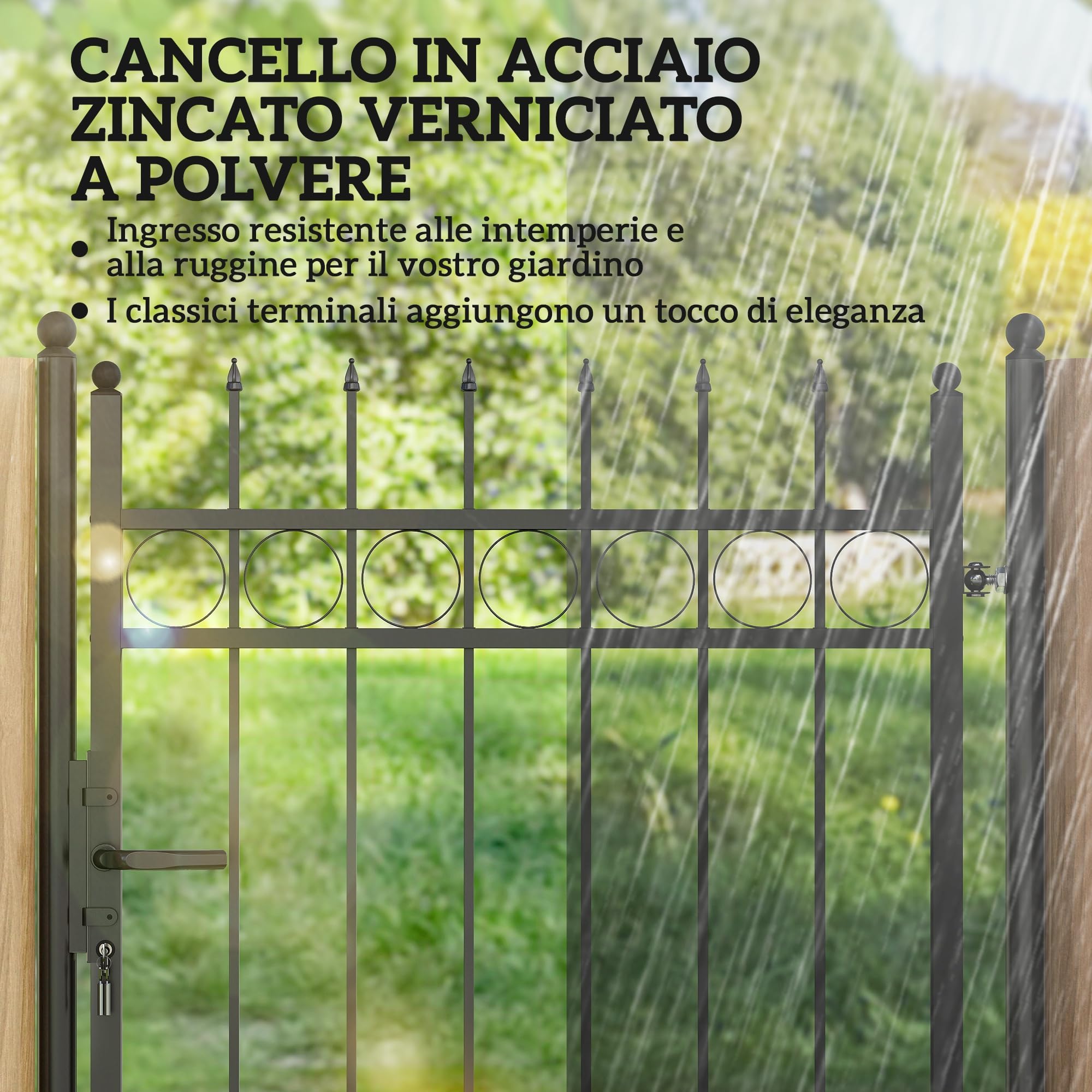 Outsunny Cancello Giardino a 2 Paletti con Maniglia, Lucchetto e 3 Chiavi, Cancello a Esterno in Acciaio Zincato, 105x204 cm, Nero