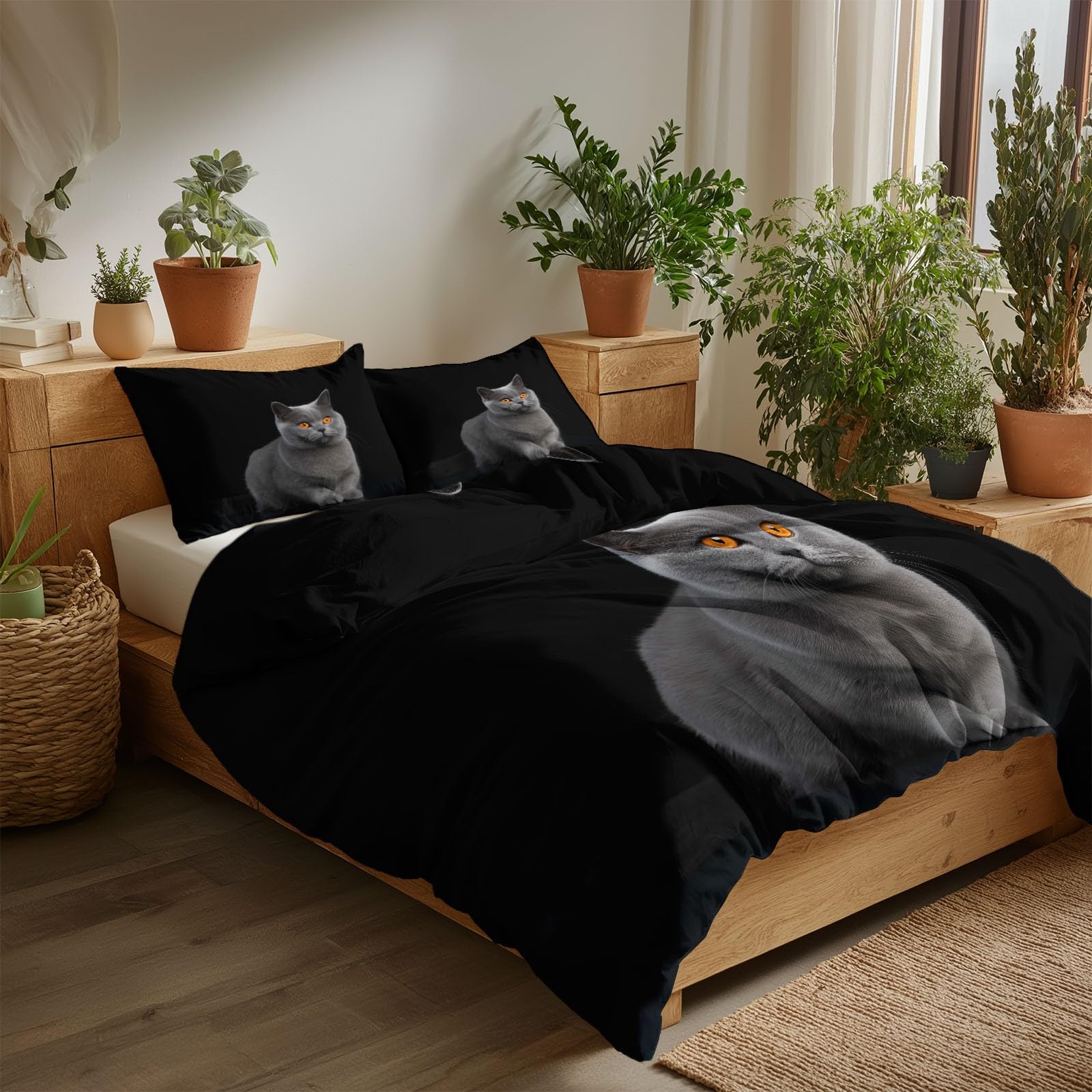 Housse de couette réversible à motif chat British Shorthair gris anthracite en microfibre