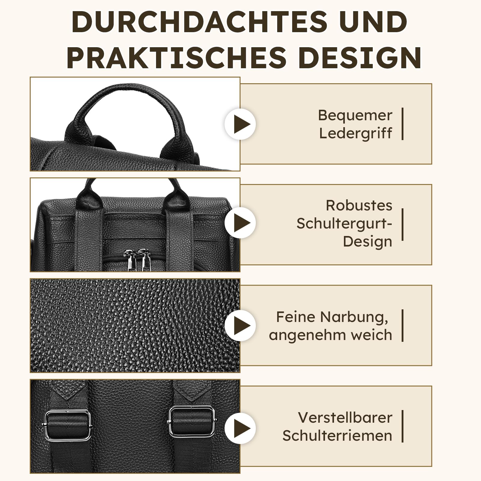 Eshow Rucksack Damen Klein aus Echtleder Diebstahlschutz 3-in-1 Schwarz | Cityrucksack für Freizeit Alltag Pendeln Schule Arbeit Reisen Büro Einkaufen, Wasserabweisend, Elegant, Modern