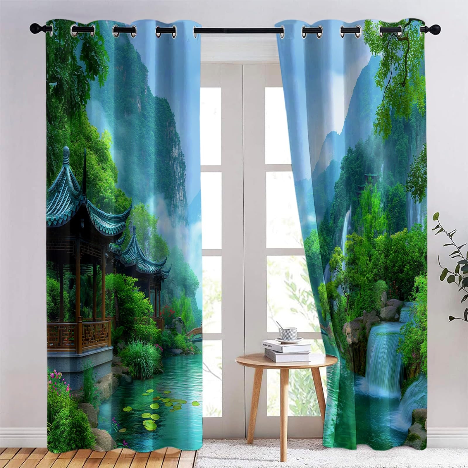 Generico 110 x 215 cm zestaw 2 paneli zasłon do wnętrz, anime krajobraz las pawilony nieprzezroczyste zasłony sypialnia salon zaciemniające, niebieskie zasłony dla chłopców i dziewcząt