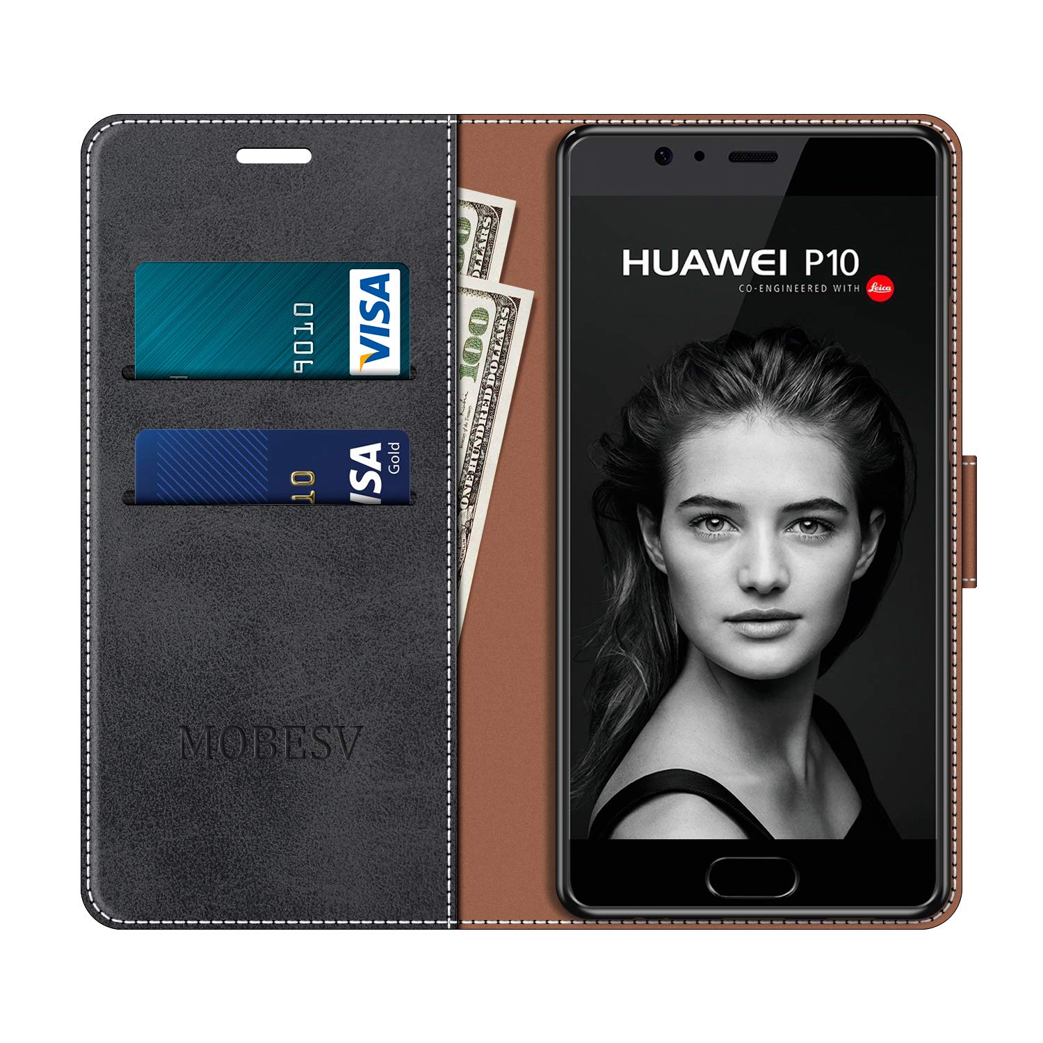 MOBESV Custodia A Libro Per Huawei P10: Cover In Pelle Con Porta Carte E Chiusura Magnetica, Elegante Colore Nero - 2